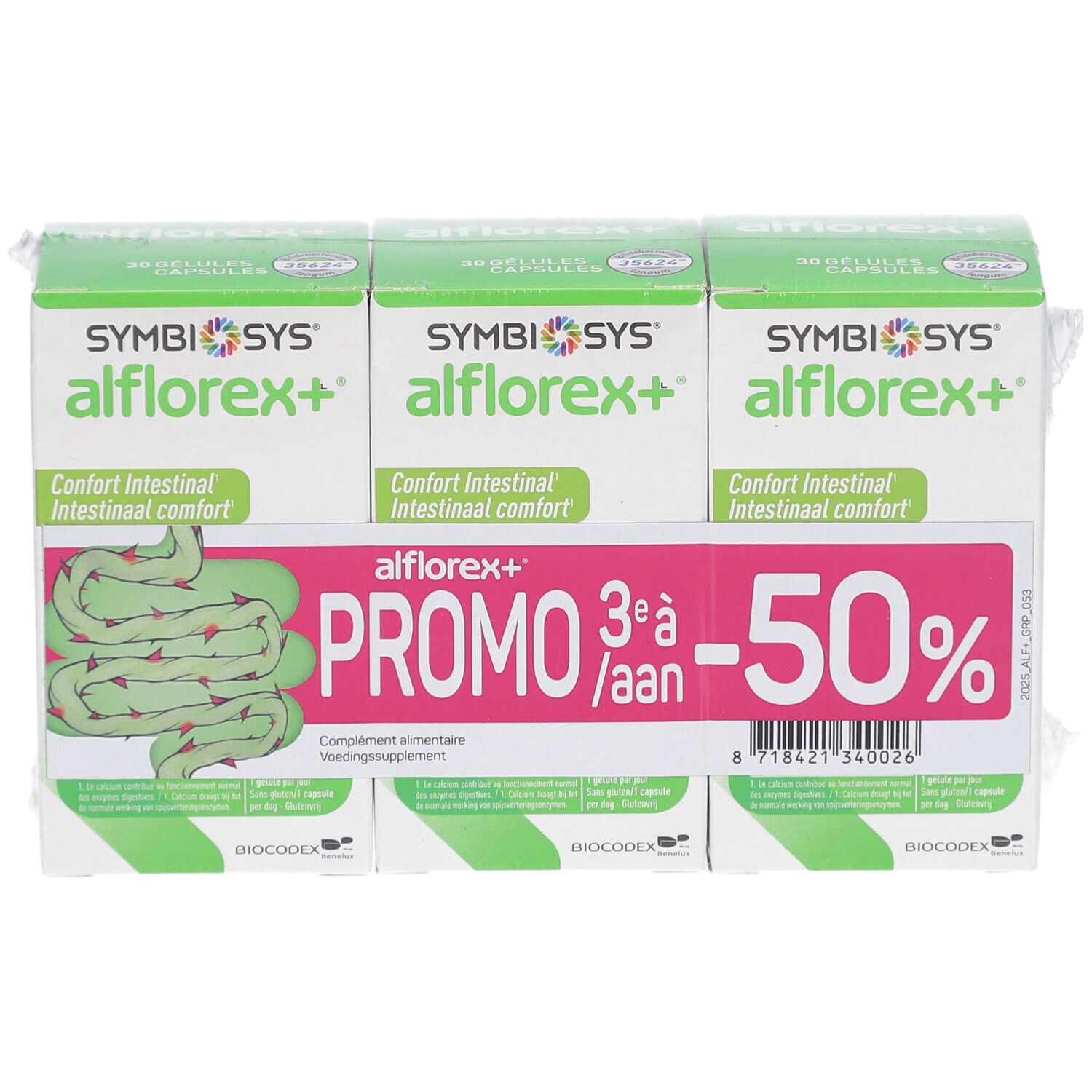 Pack de trois boîtes SYMBIOSYS alflorex+. Promo 3+1 gratuit, -50%. Illustration de l'intestin.