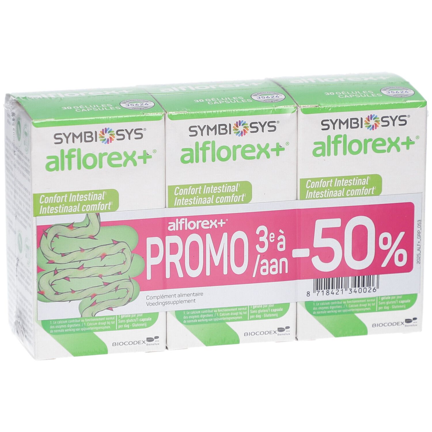 Pack de trois boîtes SYMBIOSYS alflorex+. Promo 3+1 gratuit, -50%. Illustration de l'intestin.