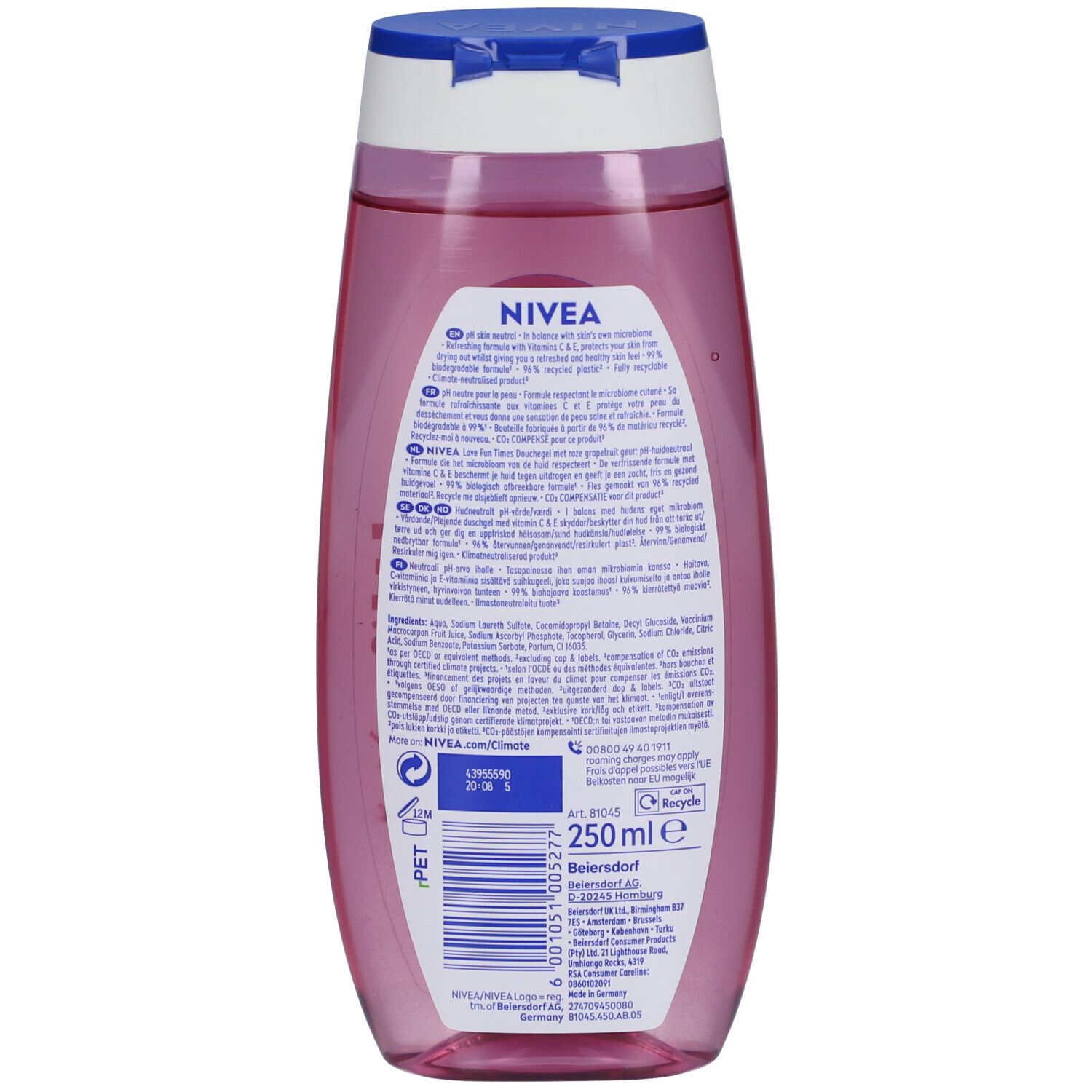 Dos du flacon de gel douche Nivea Love Fun Times. Contient des informations textuelles et un code-barres.