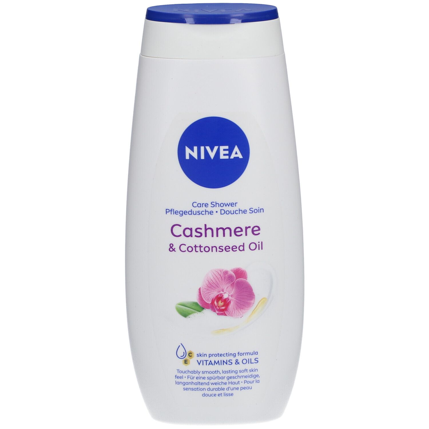 Flacon blanc, bouchon bleu. Logo NIVEA et inscription 'Cashmere & Cottonseed Oil'. Illustration d'une orchidée.