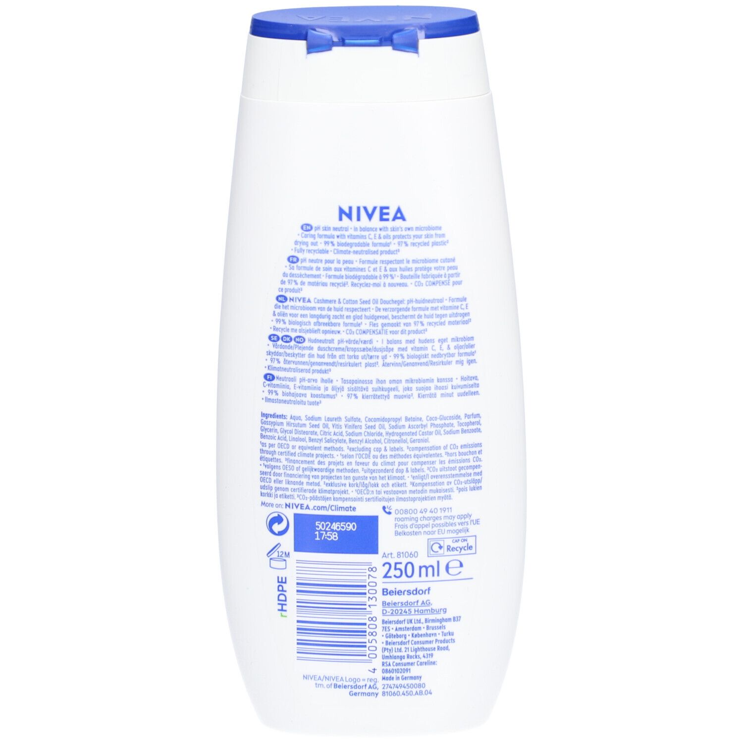 Dos du flacon blanc. Informations textuelles et code-barres. Volume : 250 ml.