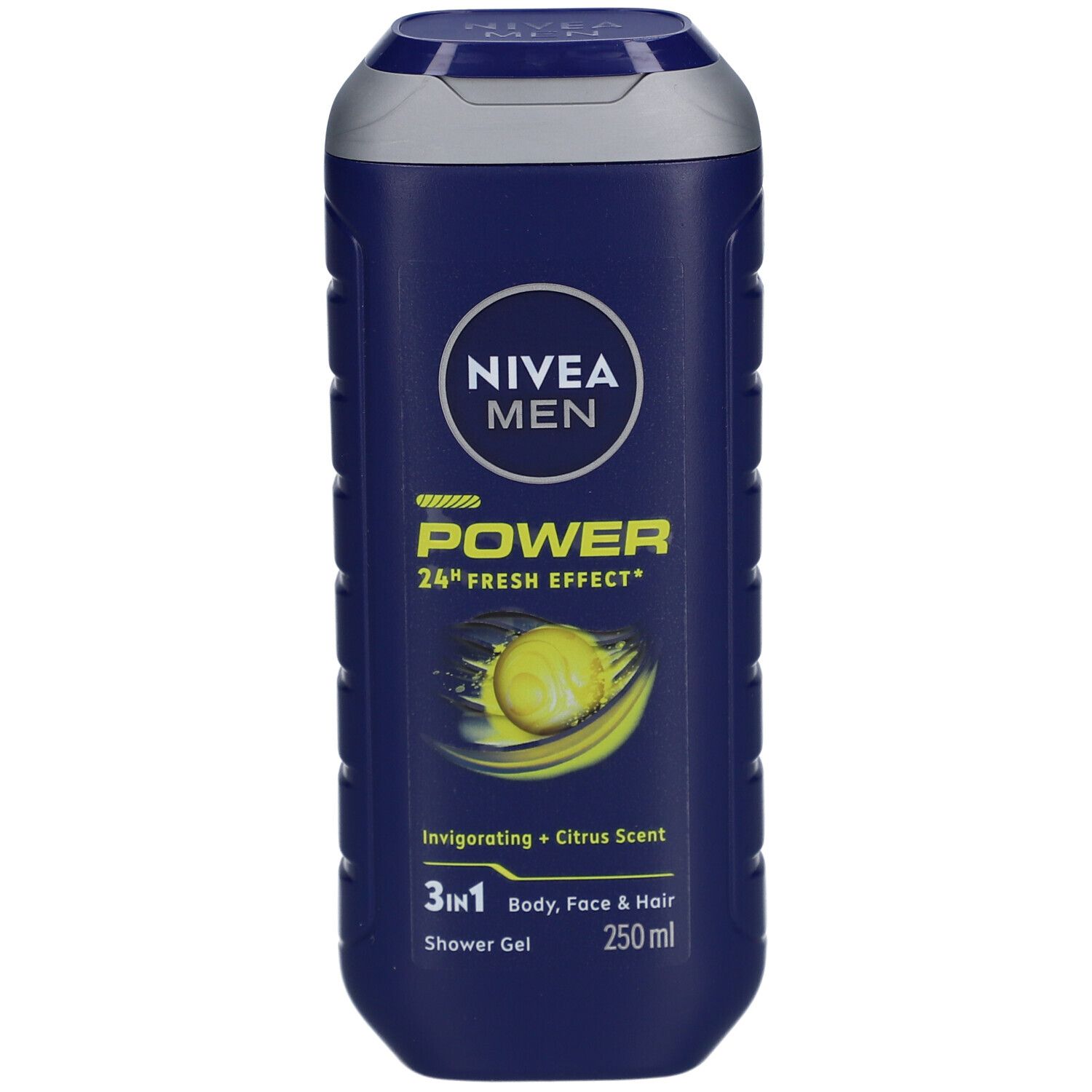 Flacon bleu-gris Nivea Men Power Refresh. Graphique jaune, texte 'POWER'. 3 en 1 pour corps, visage et cheveux.