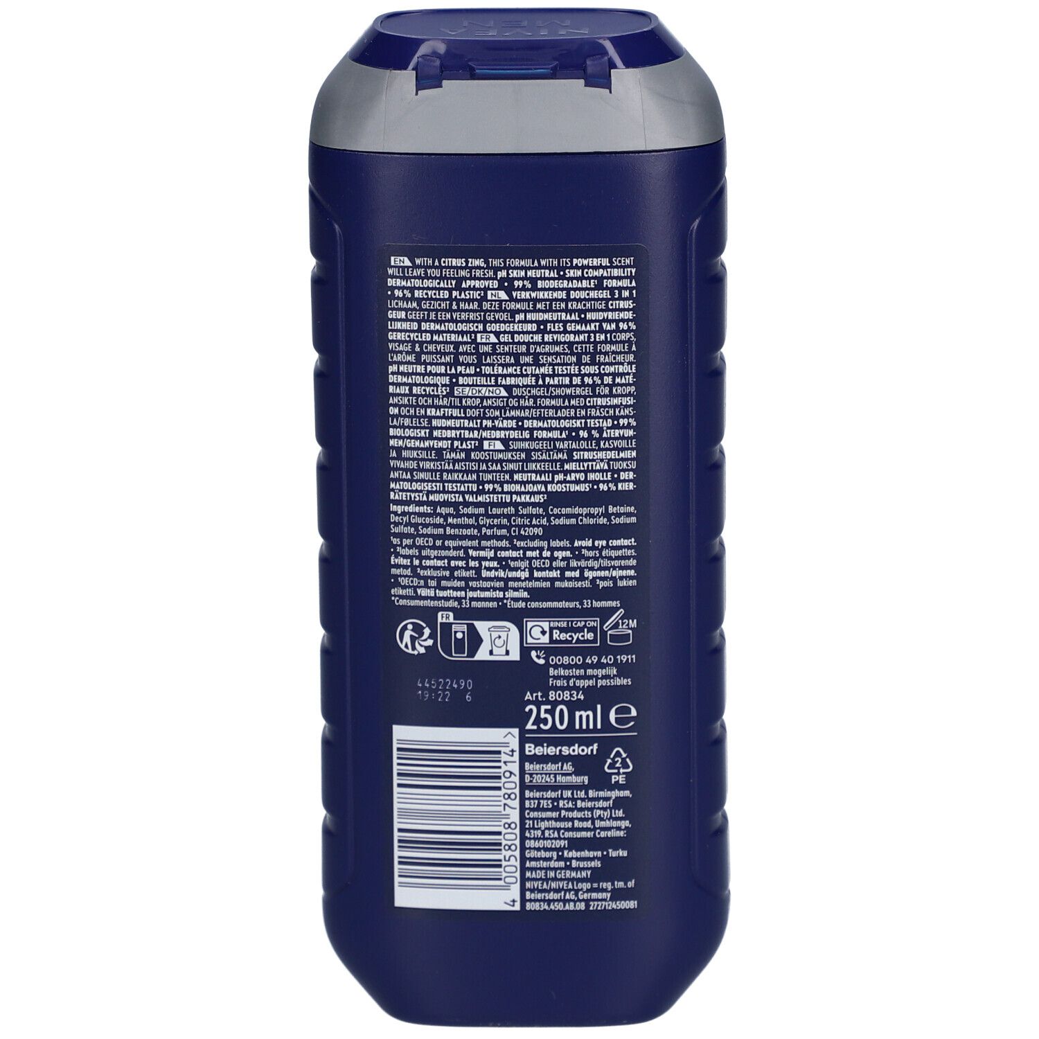 Dos du flacon de gel douche Nivea Men Power Refresh. Texte multilingue. Symbole de recyclage. 250 ml.