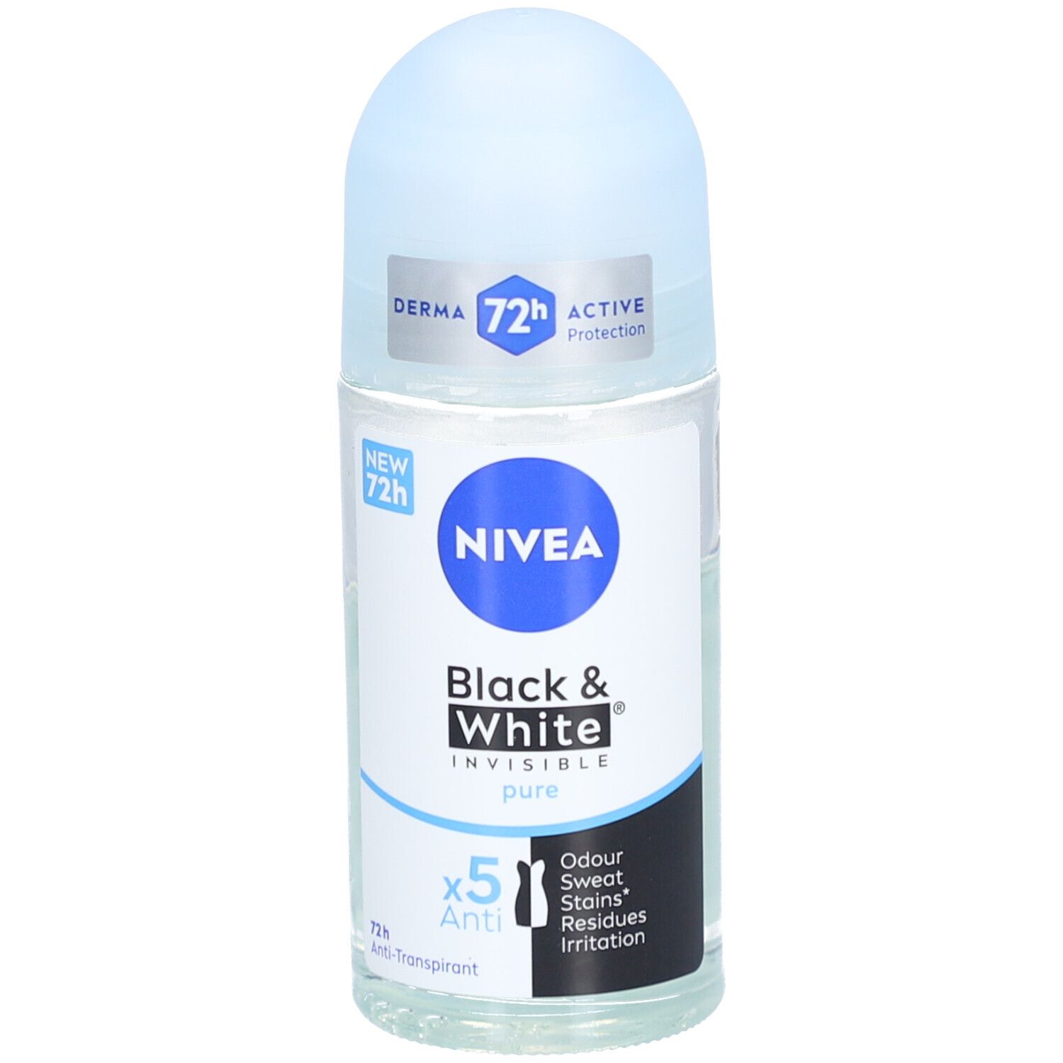 Déodorant roll-on Nivea Black & White Invisible Pure. Protection active 72h, label Derma. Emballage bleu et blanc.