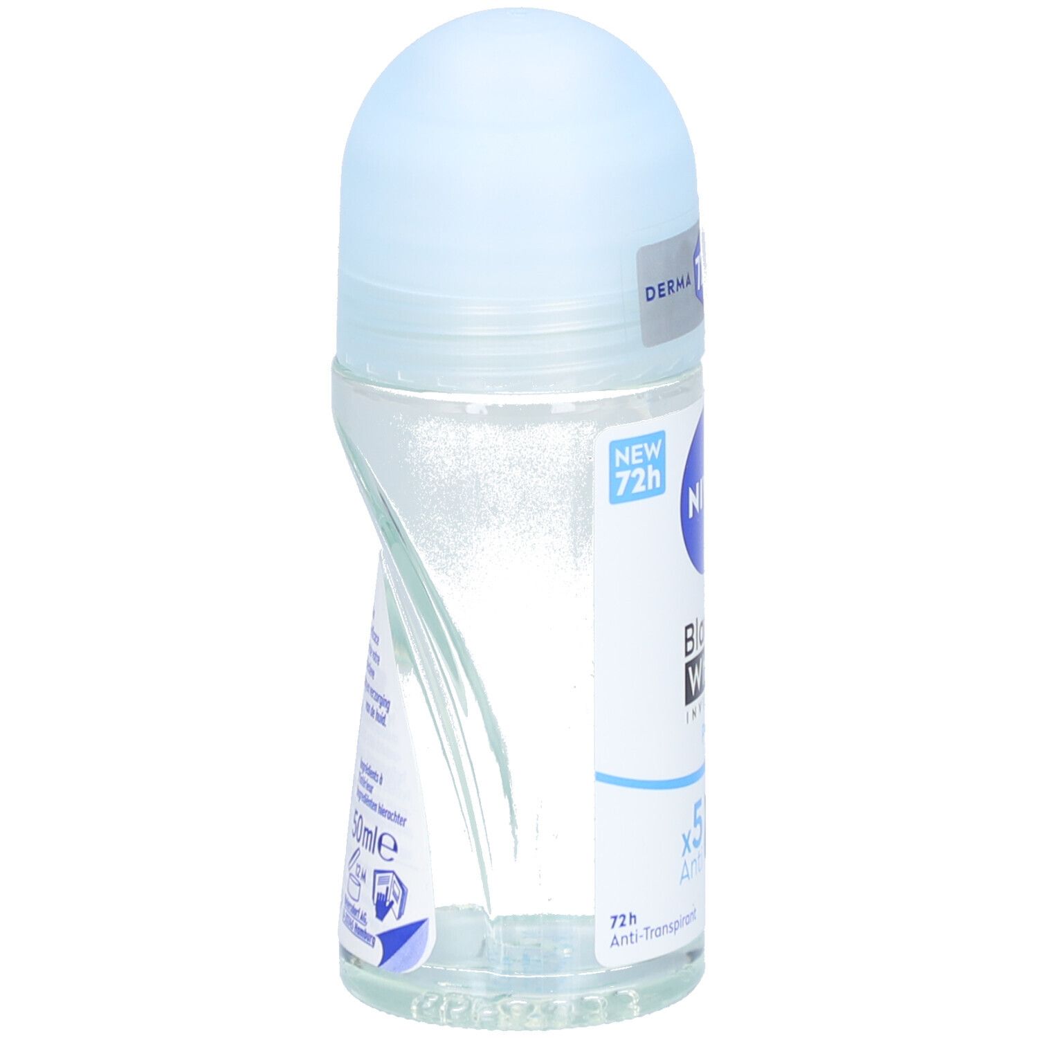 Roll-on Nivea Black & White Invisible Pure. Bouchon bleu, flacon transparent. Inscription: NEW 72h. Vue latérale.