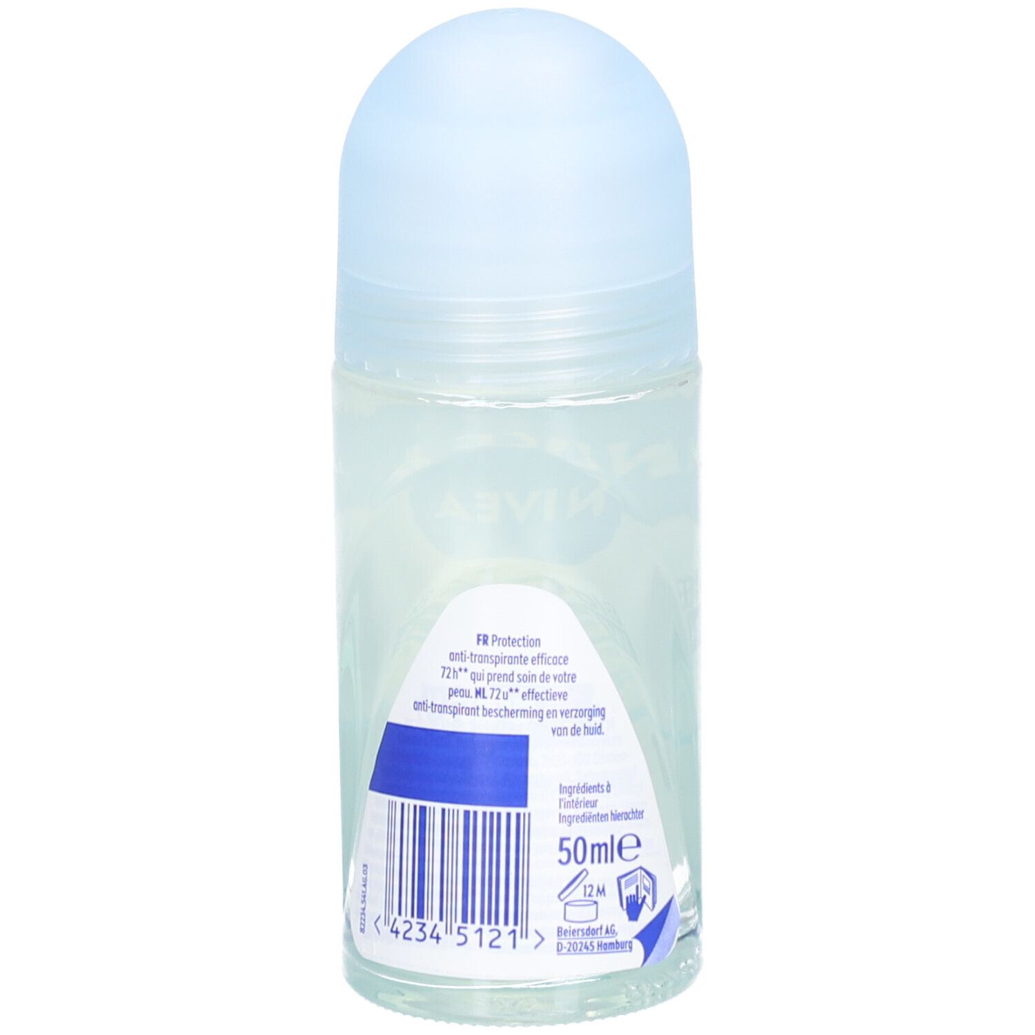 Dos du roll-on Nivea Black & White Invisible Pure. Code-barres et texte multilingue. 50ml.