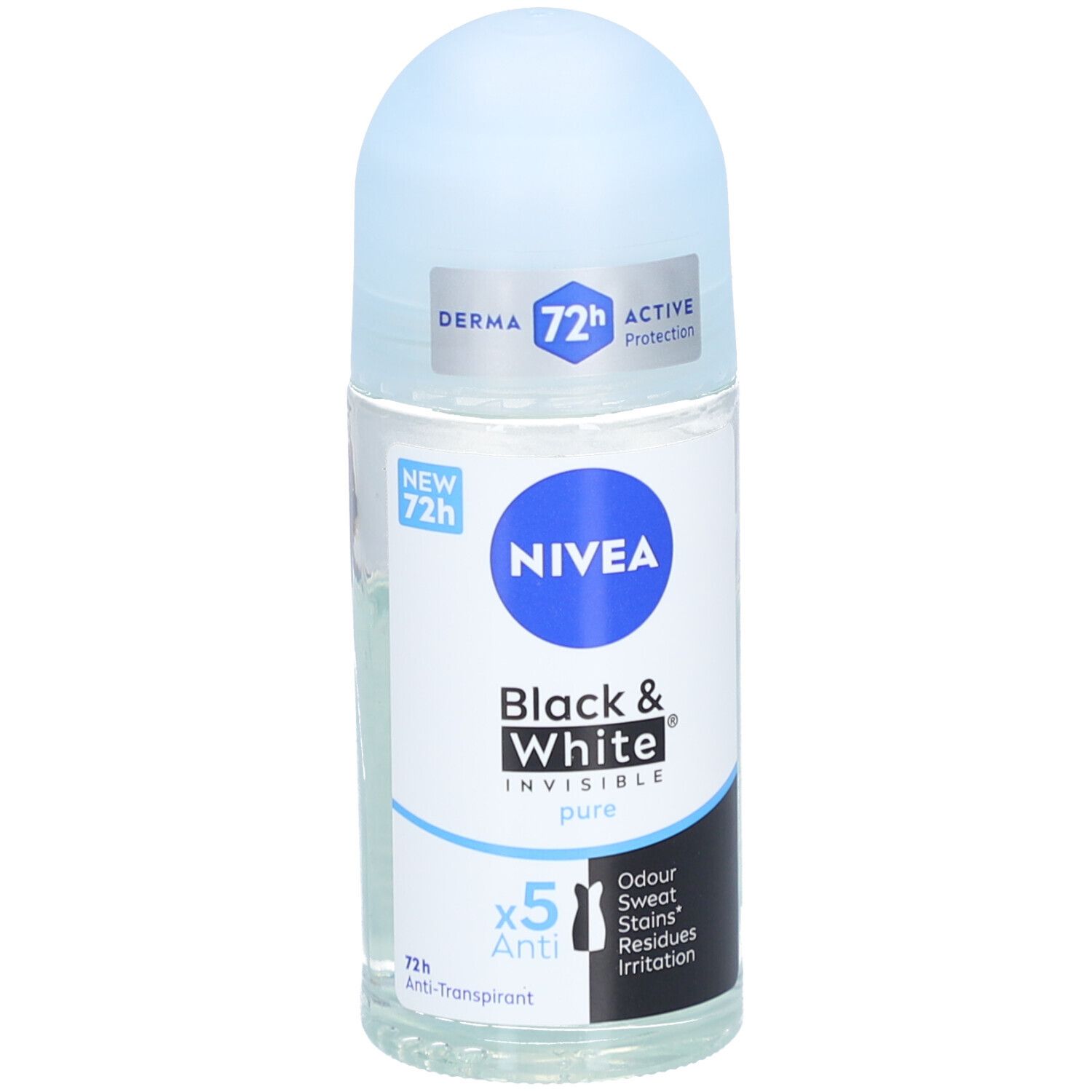 Roll-on Nivea Black & White Invisible Pure. Bouchon bleu, flacon transparent. Logo et nom du produit visibles.