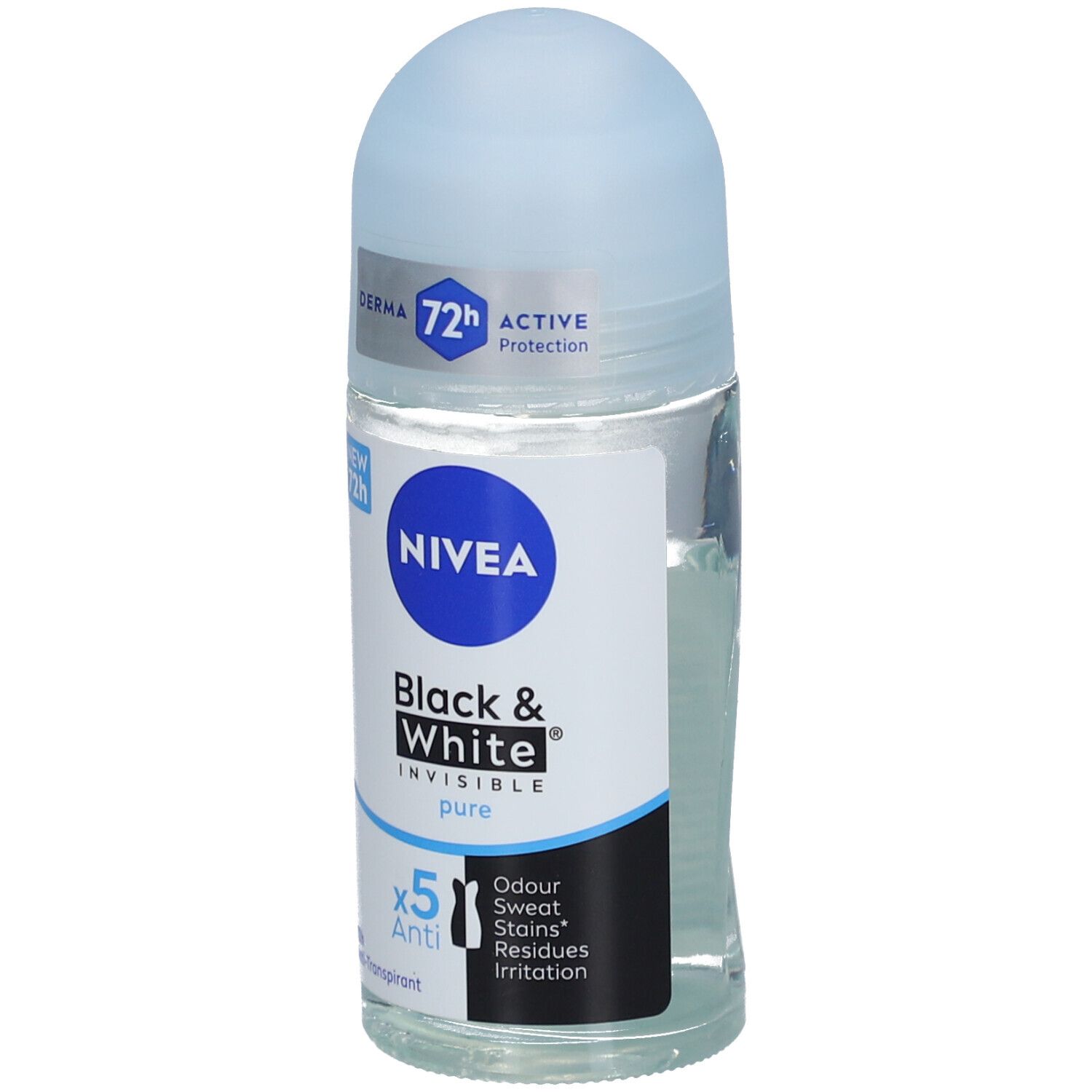 Roll-on Nivea Black & White Invisible Pure. Bouchon bleu, flacon transparent. Nom du produit et logo clairement visibles.