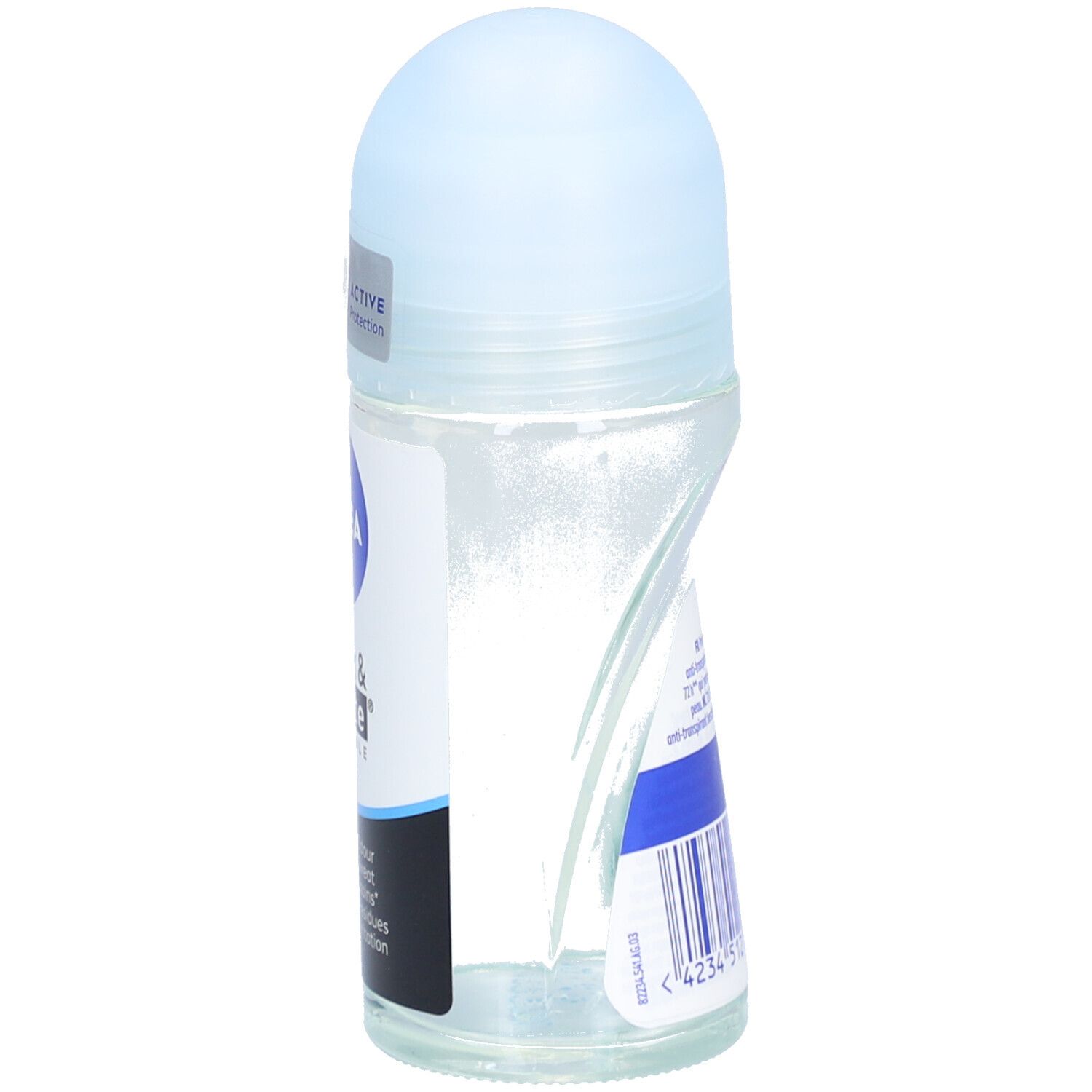 Roll-on Nivea Black & White Invisible Pure. Bouchon bleu, flacon transparent. Vue latérale avec code-barres.