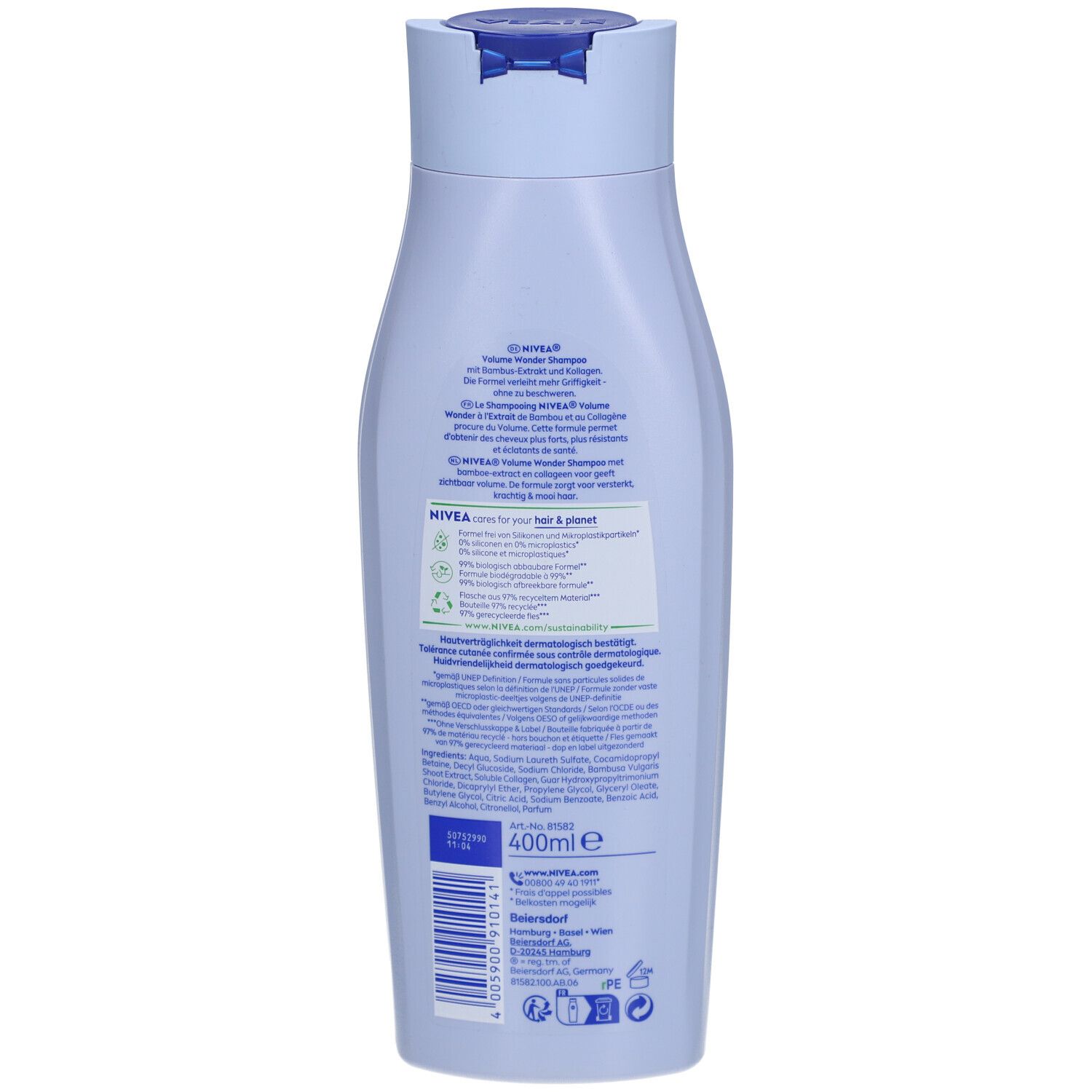 Dos d'un flacon de shampooing bleu clair. Informations textuelles et ingrédients. Indication de 400 ml.
