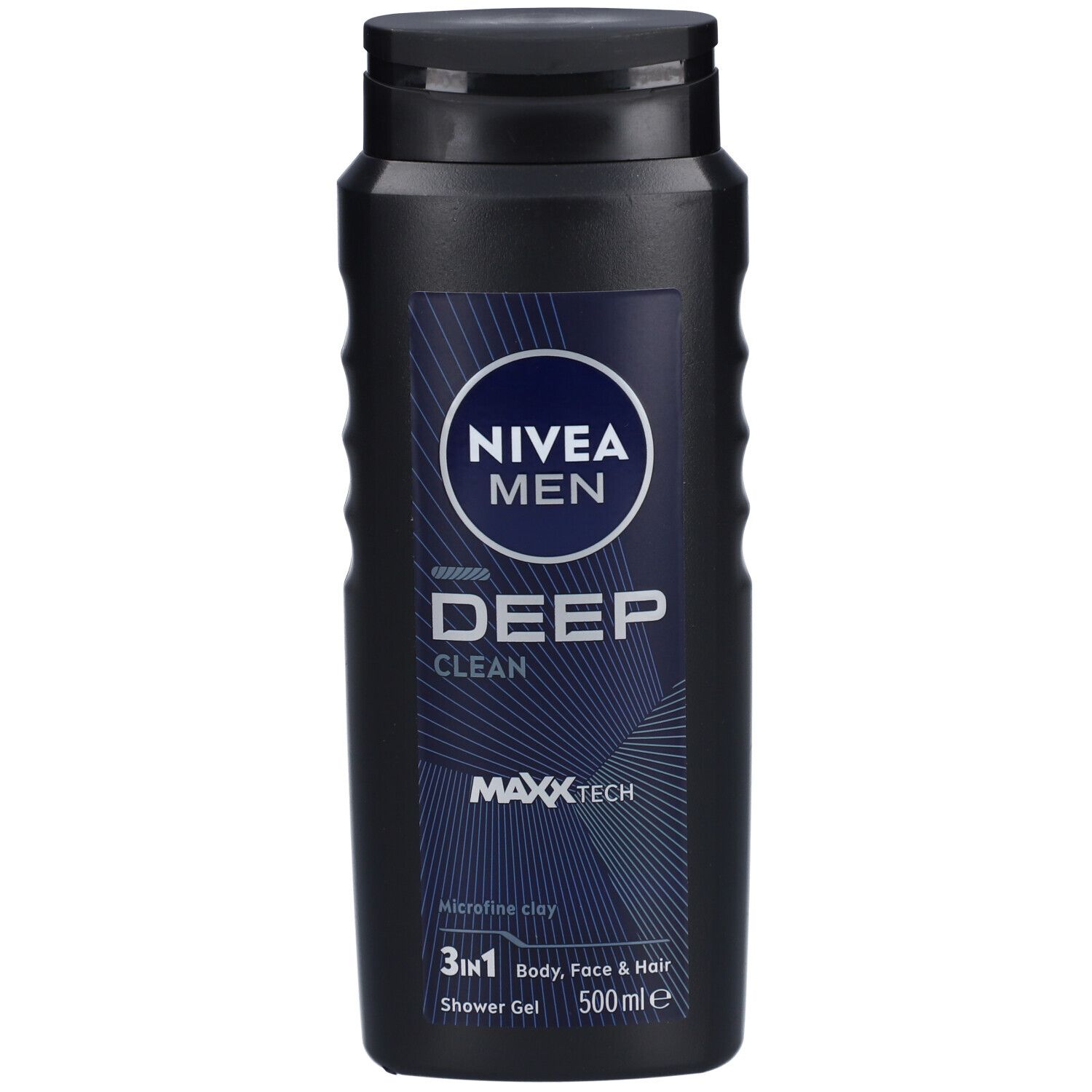 Flacon bleu foncé NIVEA Men Deep Clean. Gel douche 3 en 1 pour corps, visage et cheveux. Avec MaxxTech.