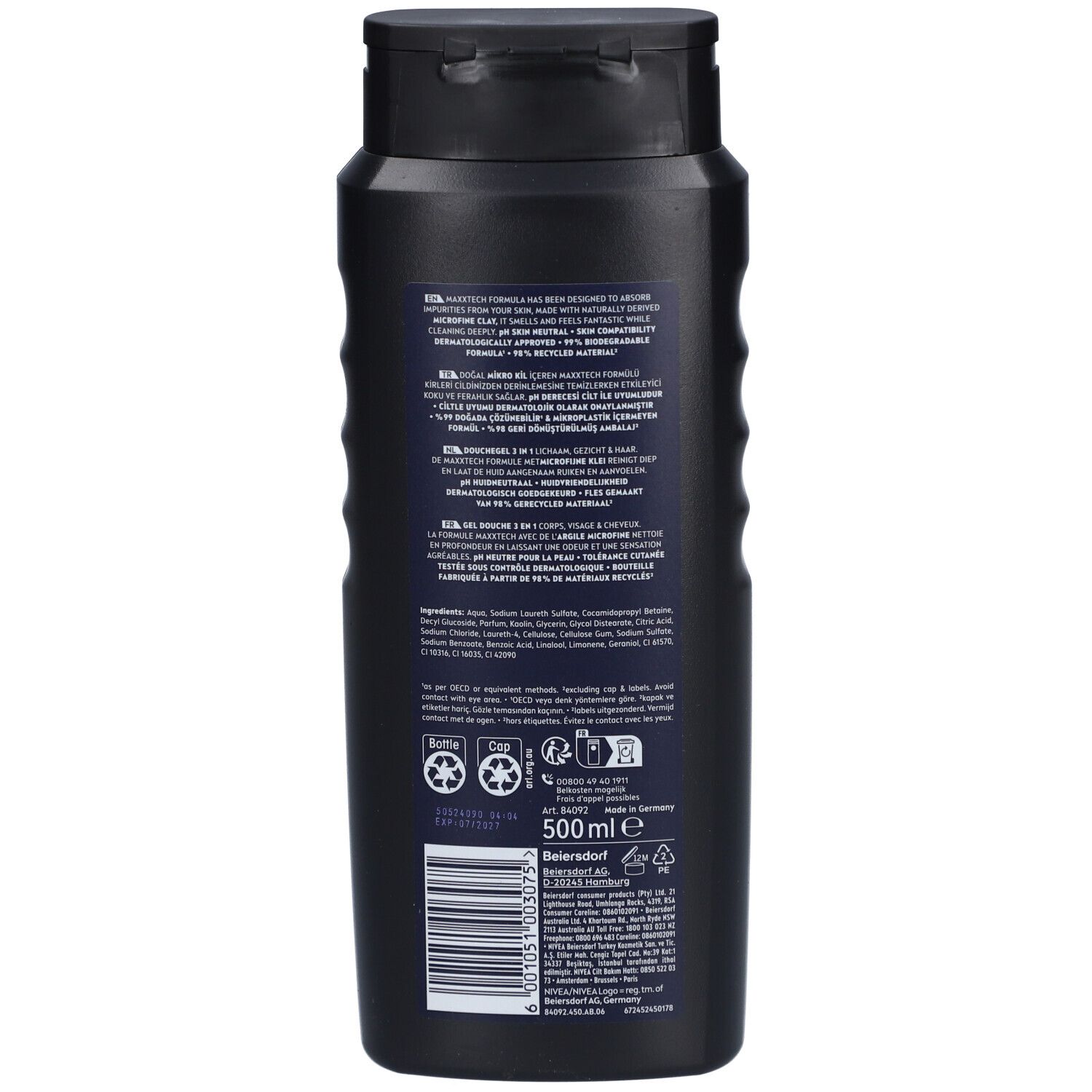 Dos du flacon bleu foncé NIVEA Men Deep Clean. Contient des informations et des ingrédients. 500 ml.