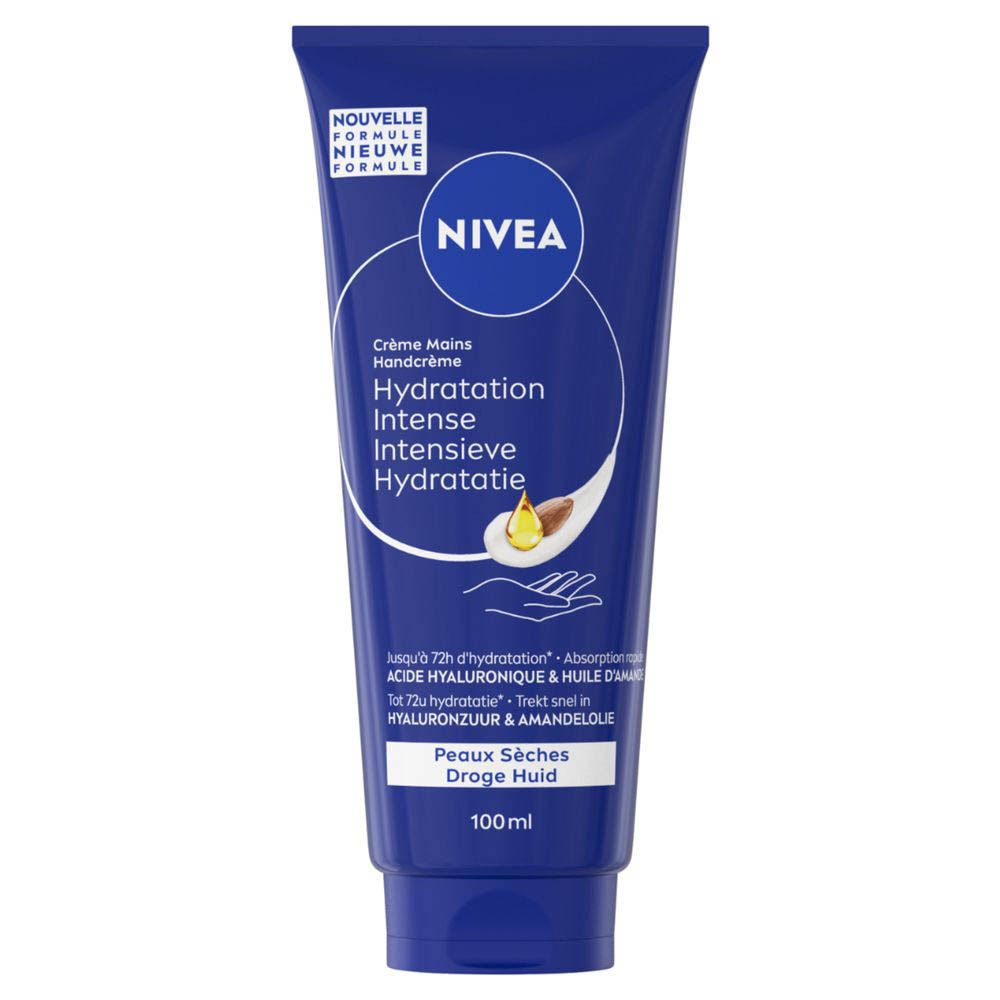 Tube de crème pour les mains Nivea, nouvelle formule. Hydratation intense pour peaux sèches.