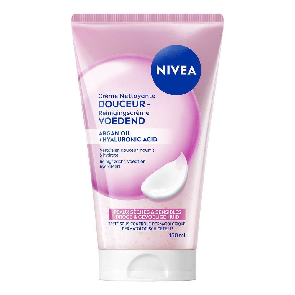 NIVEA Crème nettoyante avec huile d'argan et acide hyaluronique pour peau sèche.