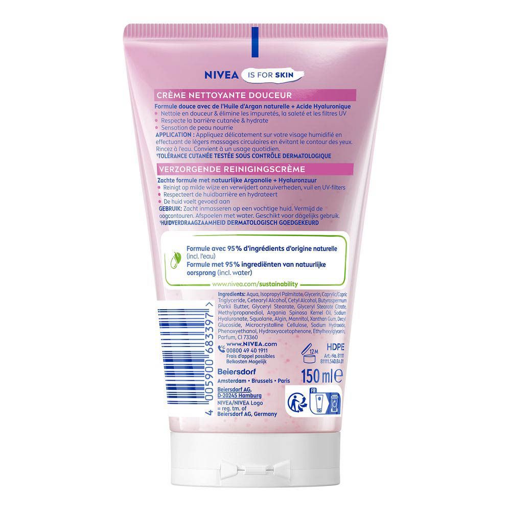 Dos de la NIVEA Crème nettoyante avec liste des ingrédients et instructions.