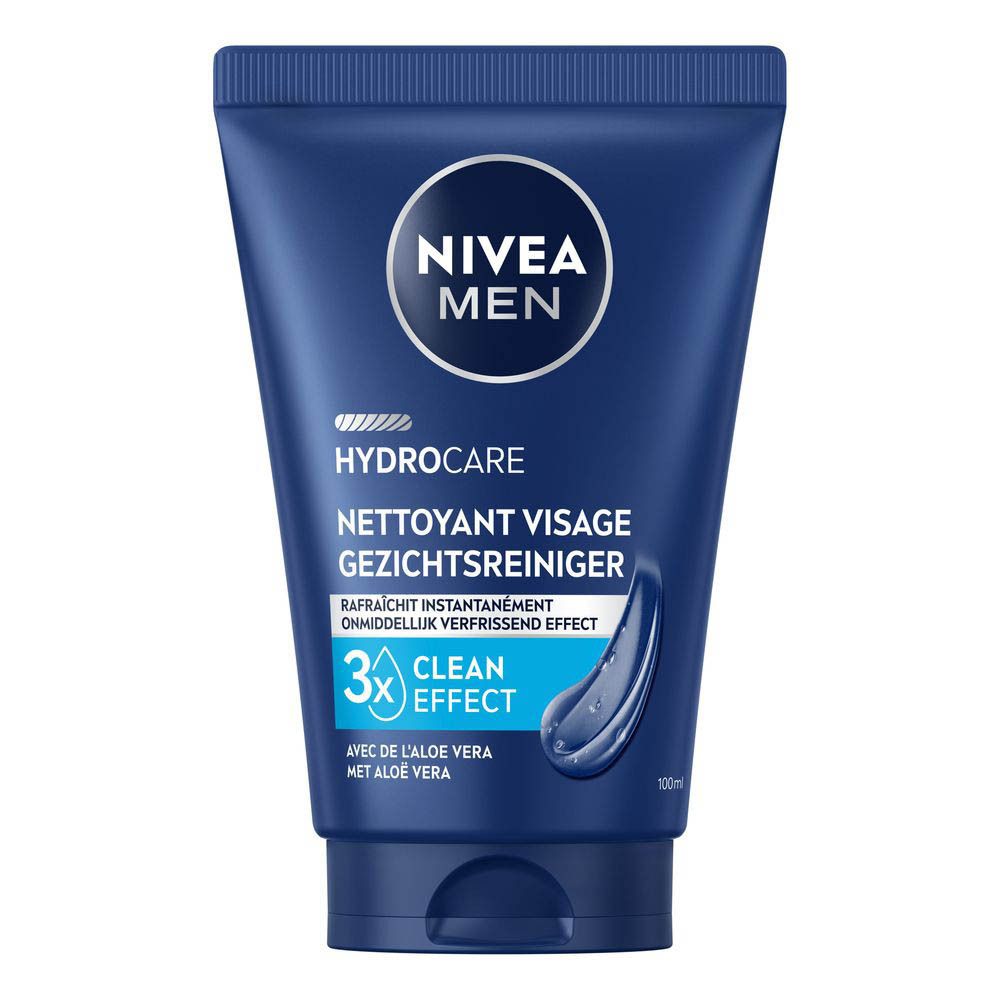 Tube bleu avec logo NIVEA MEN. Nom du produit: Hydrocare. Texte en français et néerlandais. Contient de l'Aloe Vera.