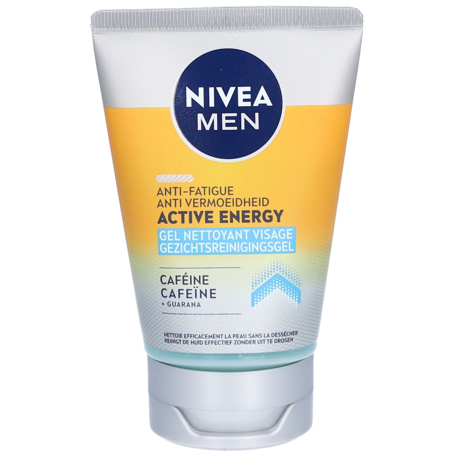 Tube NIVEA Men Active Energy. Blanc, bouchon bleu. Accents jaunes et bleus. Inscription: Anti-Fatigue, Active Energy Gel.