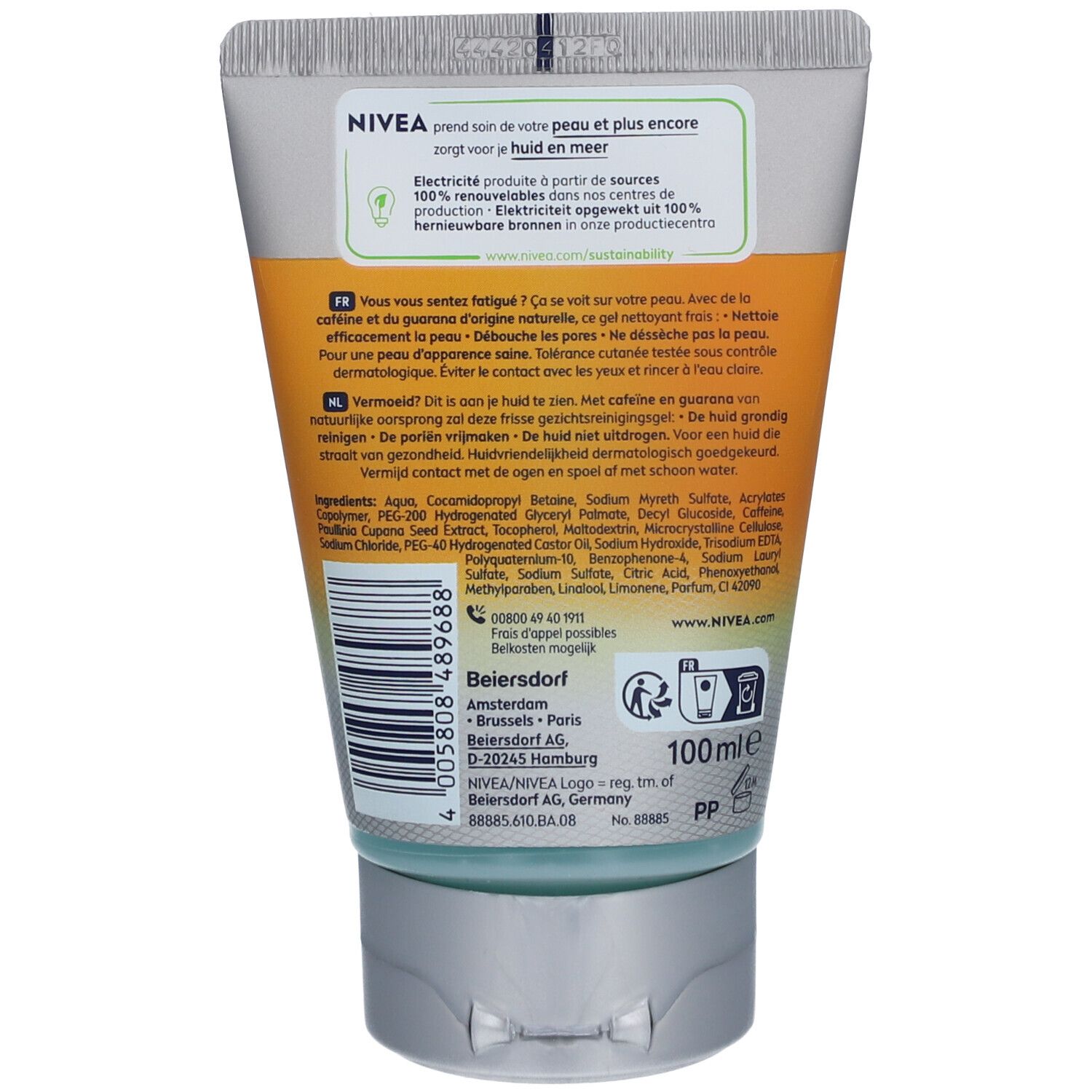 Dos du tube NIVEA Men Active Energy. Texte multilingue. Contient des informations sur les ingrédients et la durabilité.