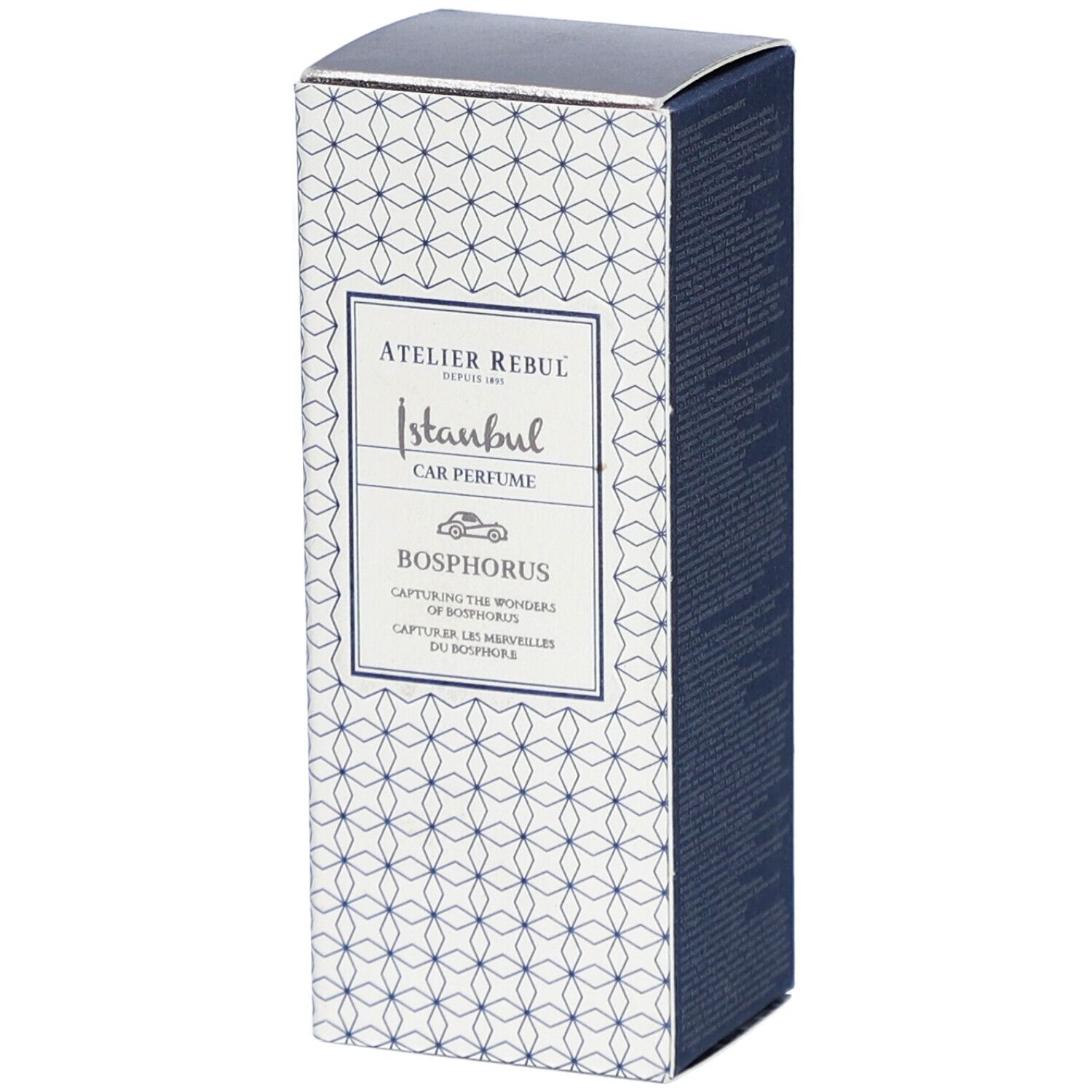 Boîte Atelier Rebul Istanbul Bosphorus Parfum Voiture. Motif géométrique bleu et blanc. Logo et nom du produit en évidence.