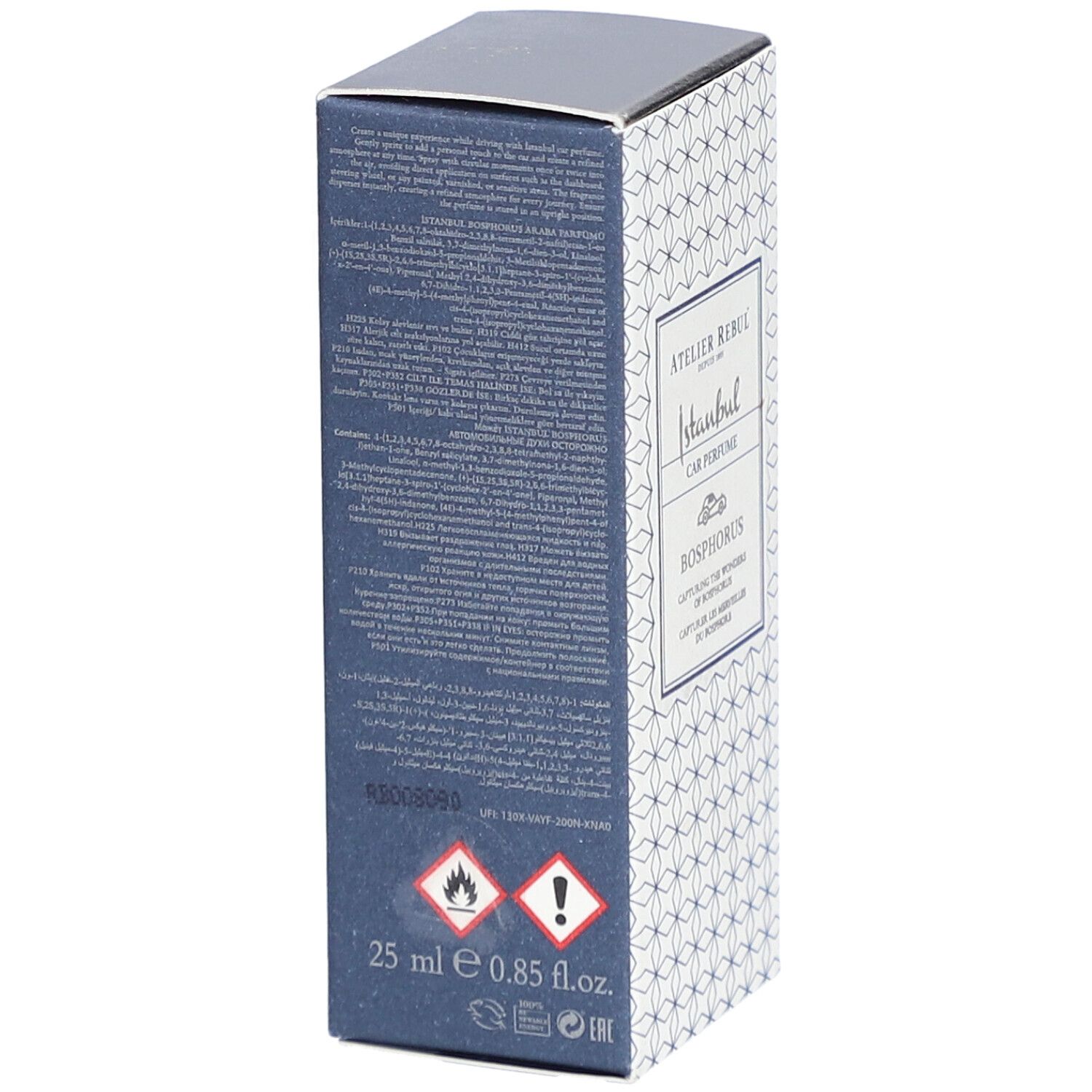 Dos de la boîte Atelier Rebul Istanbul Bosphorus Parfum Voiture. Texte et symboles d'avertissement. Couleur bleue.