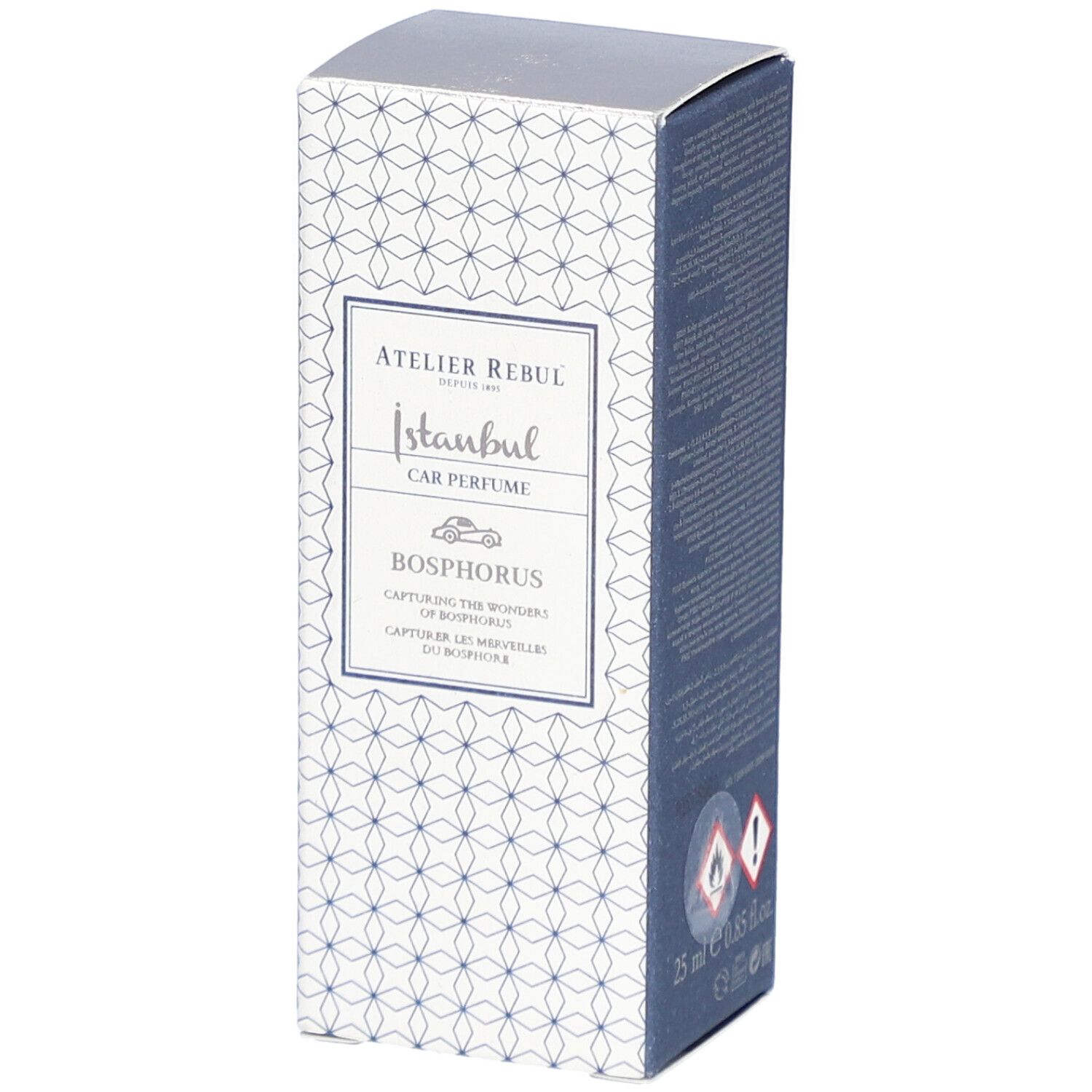 Boîte Atelier Rebul Istanbul Bosphorus Parfum Voiture. Logo et nom du produit. Motif géométrique bleu et blanc.