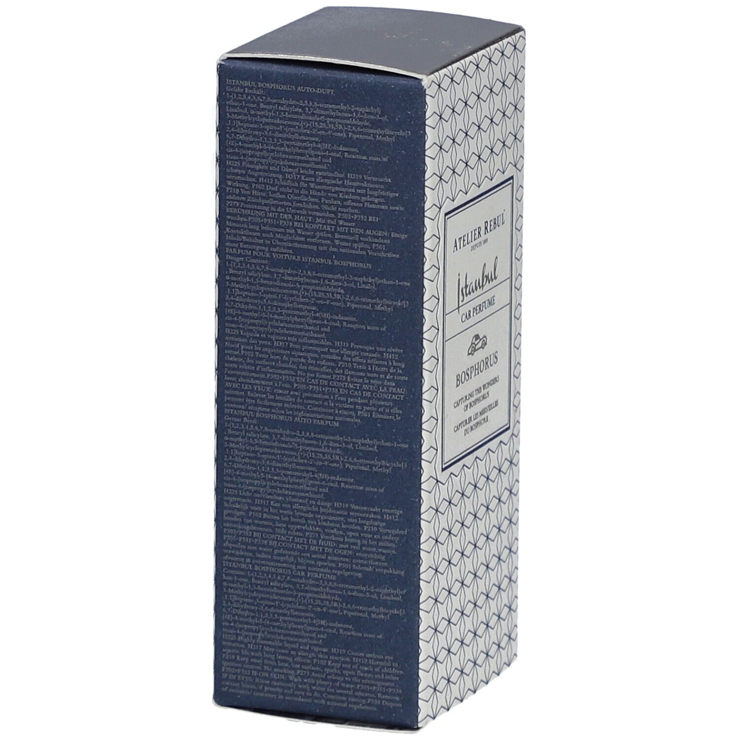 Côté de la boîte Atelier Rebul Istanbul Bosphorus Parfum Voiture. Texte. Couleur bleue et motif blanc.