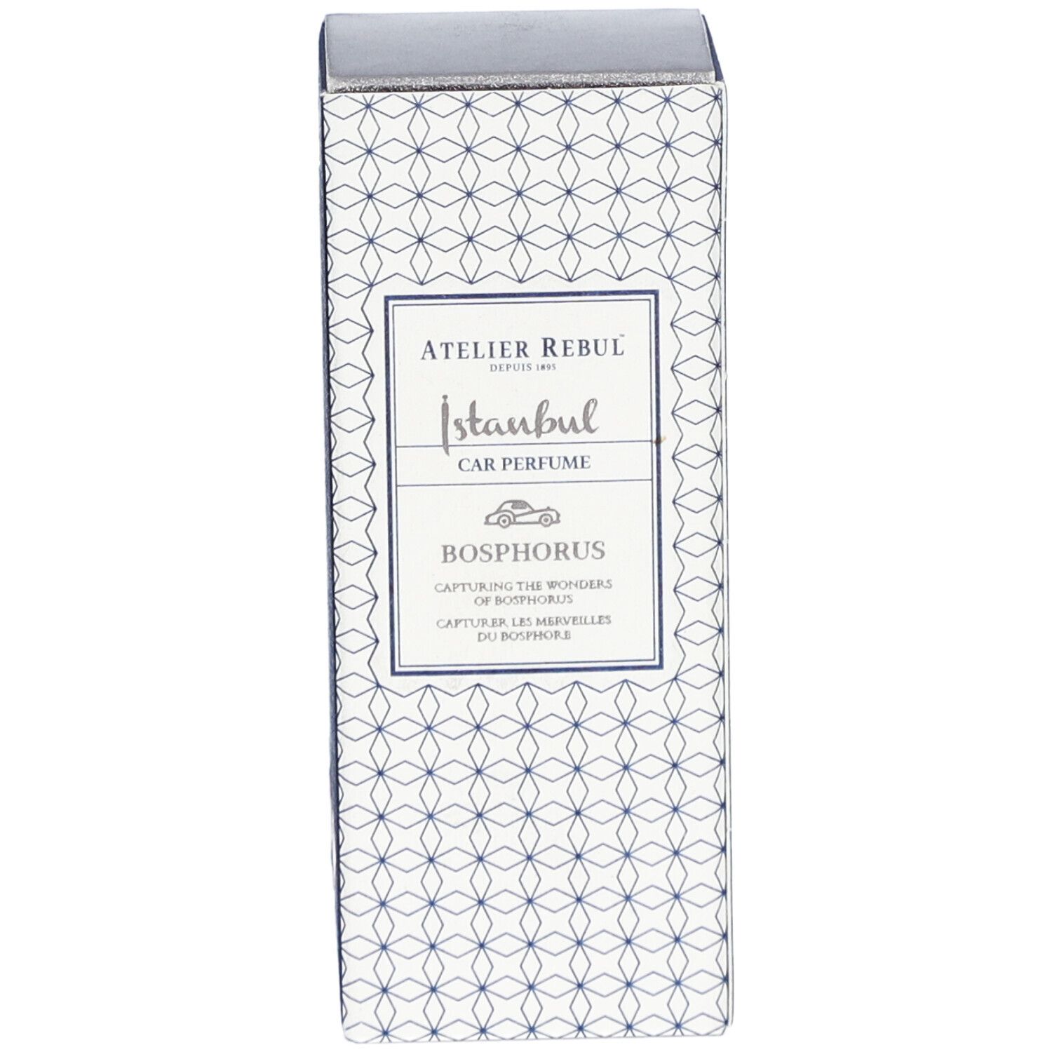 Boîte Atelier Rebul Istanbul Bosphorus Parfum Voiture. Logo et nom du produit. Motif géométrique bleu et blanc.