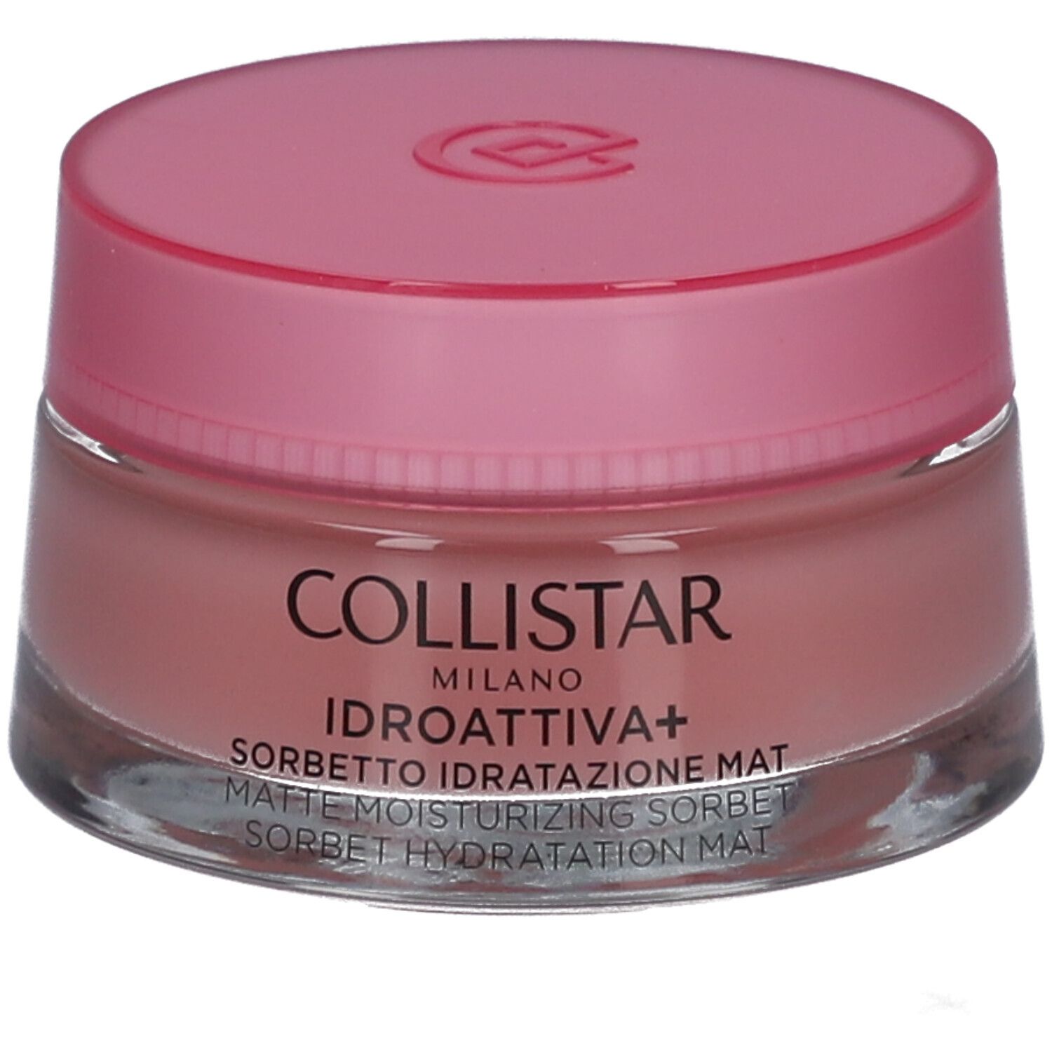 Pot rond avec couvercle rose. Inscription : COLLISTAR MILANO, IDROATTIVA+ Sorbetto Idratatione Mat.