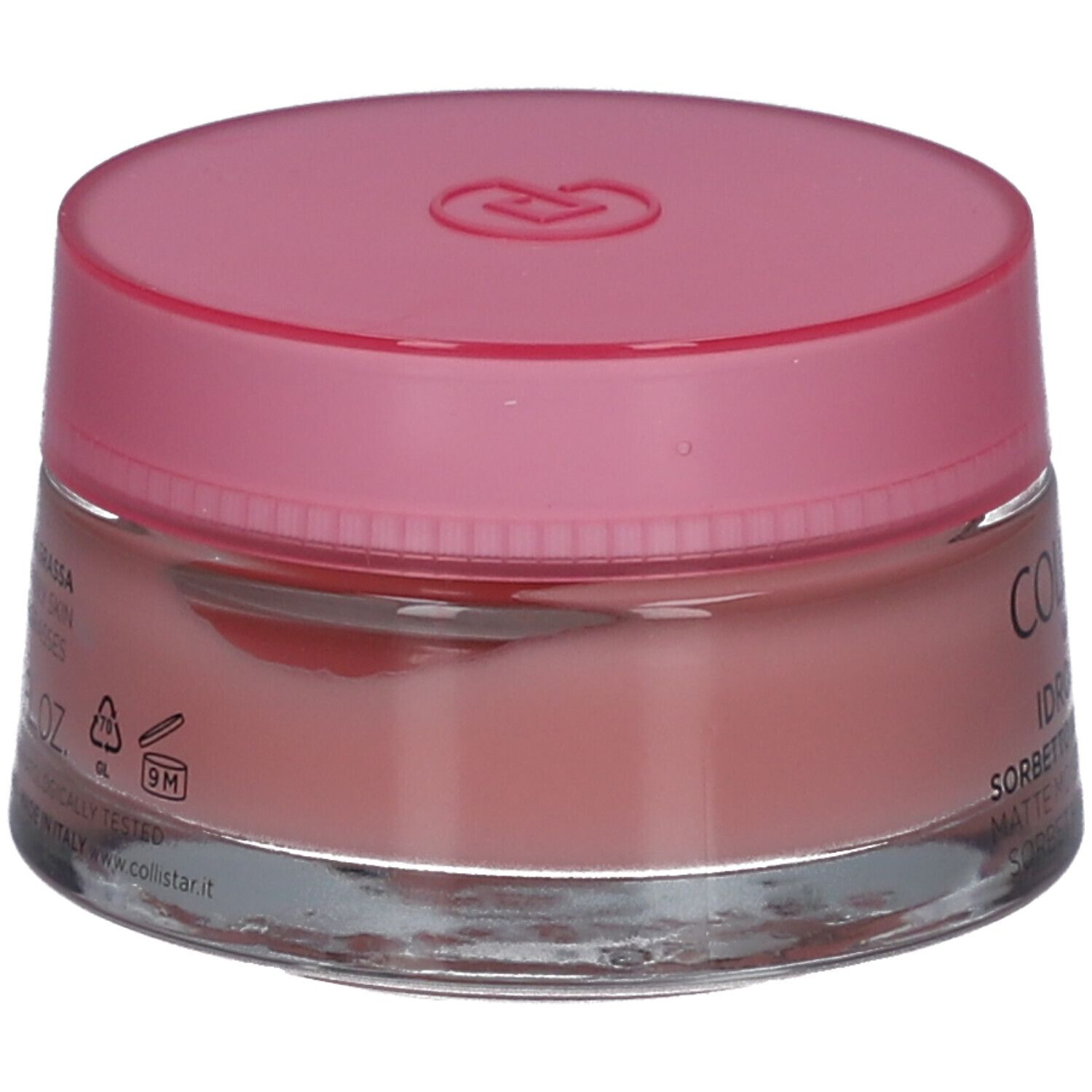 Pot rond avec couvercle rose. Inscription : COLLISTAR MILANO, IDROATTIVA+ Sorbetto Idratatione Mat.