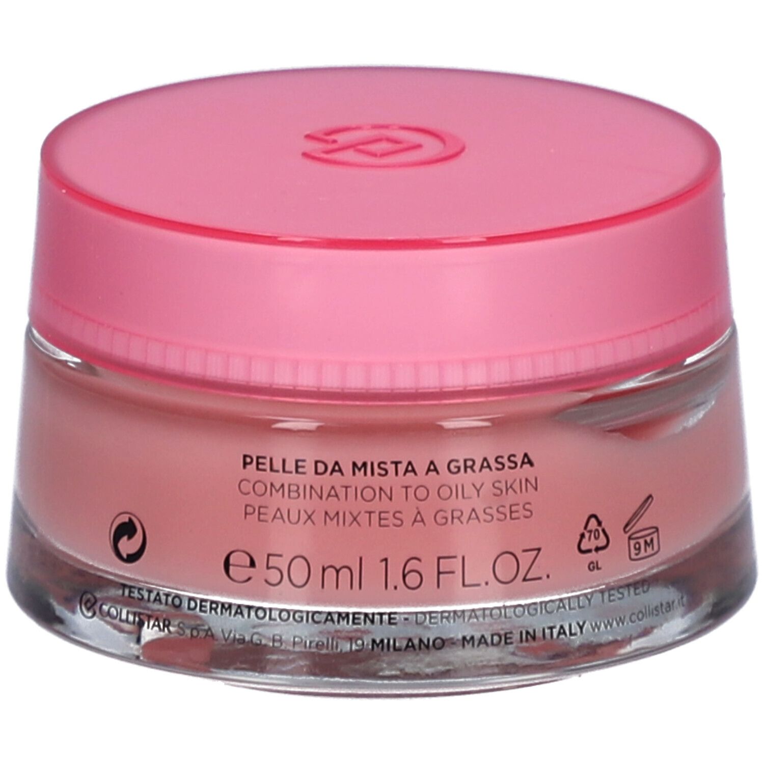 Pot rond avec couvercle rose. Inscription : COLLISTAR MILANO, IDROATTIVA+ Sorbetto Idratatione Mat.