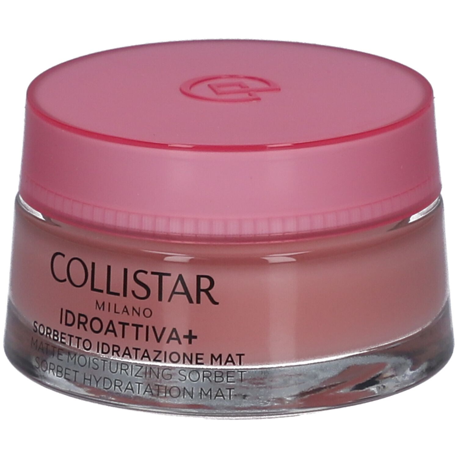 Pot rond avec couvercle rose. Inscription : COLLISTAR MILANO, IDROATTIVA+ Sorbetto Idratatione Mat.