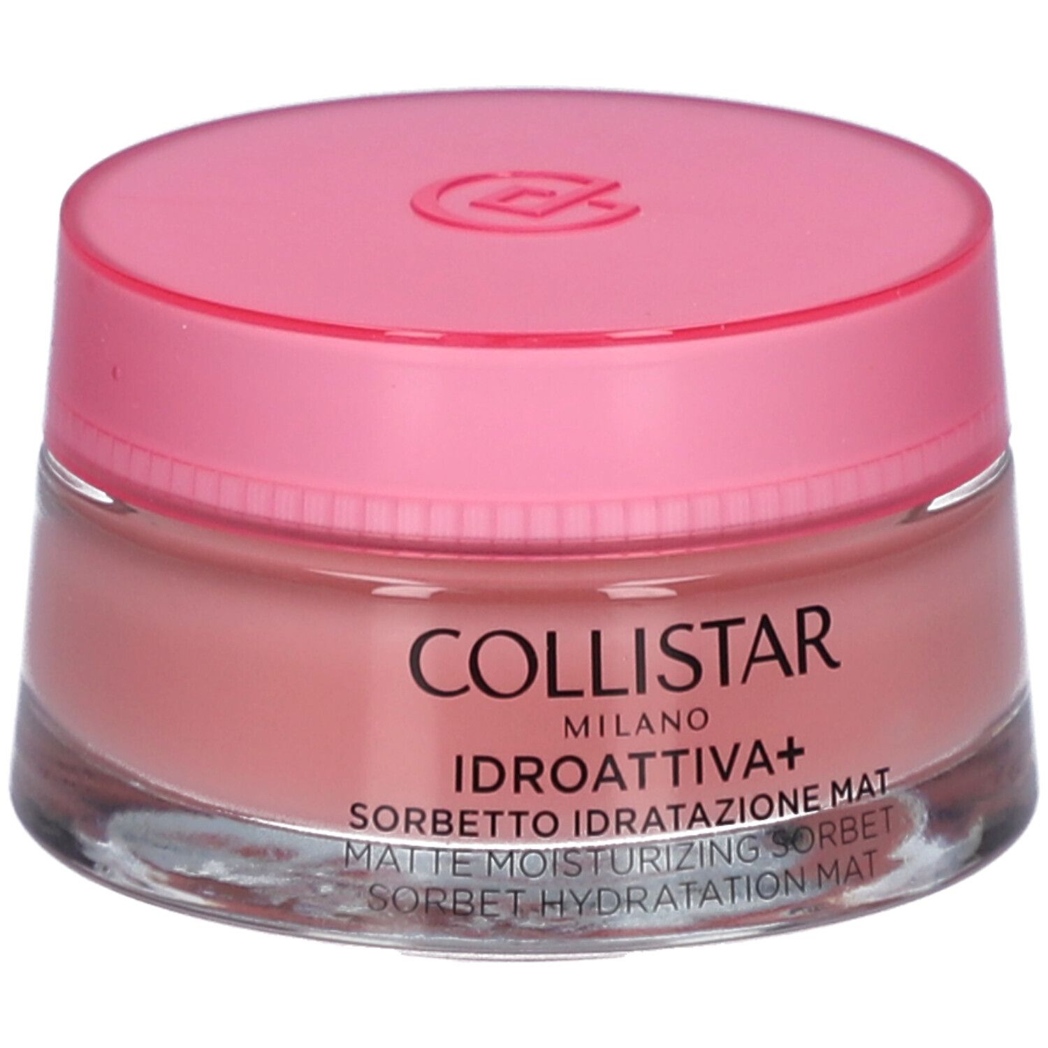 Pot rond avec couvercle rose. Inscription : COLLISTAR MILANO, IDROATTIVA+ Sorbetto Idratatione Mat.