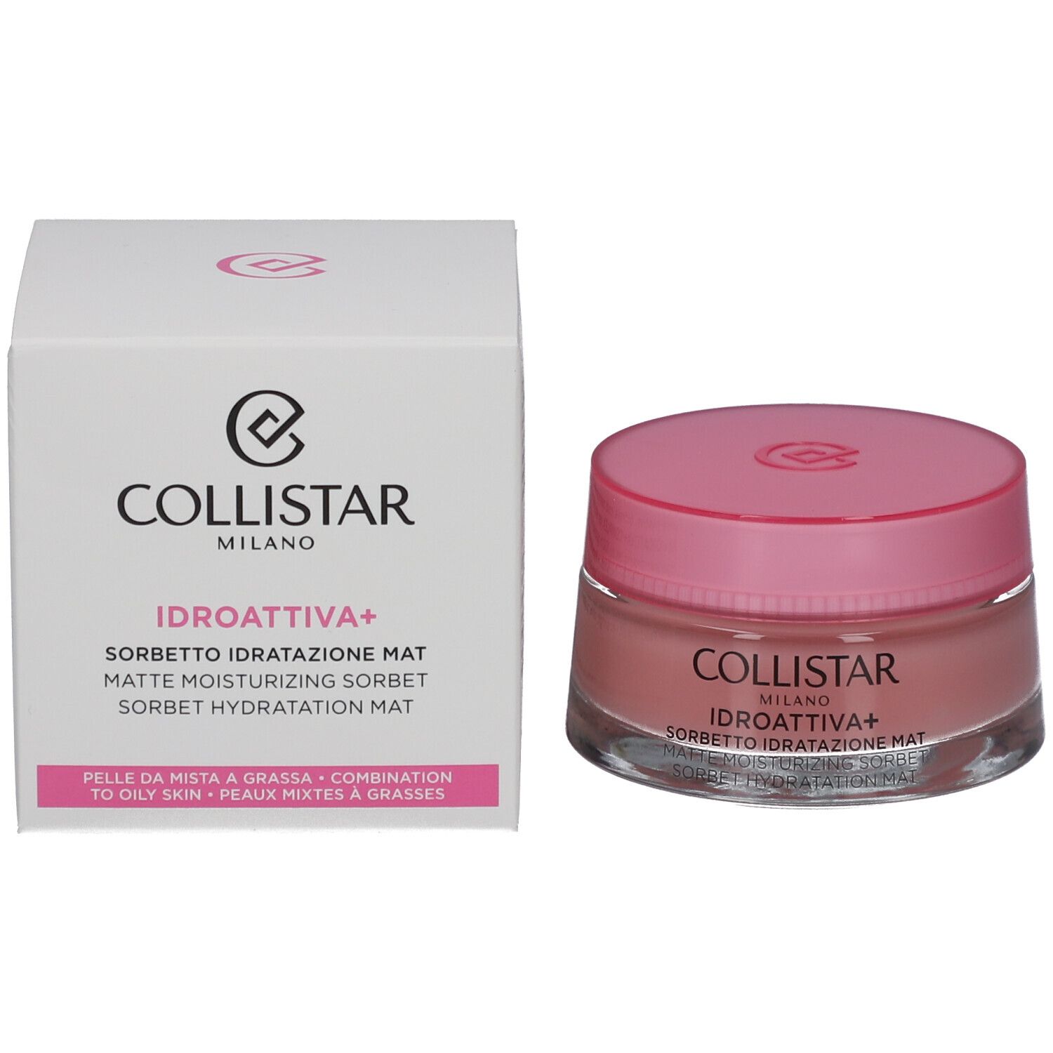 Emballage et pot. Inscription : COLLISTAR MILANO, IDROATTIVA+ Sorbetto Idratatione Mat.