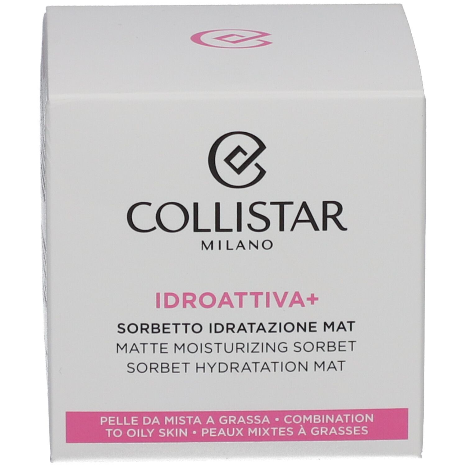 Emballage du produit. Inscription : COLLISTAR MILANO, IDROATTIVA+ Sorbetto Idratatione Mat.
