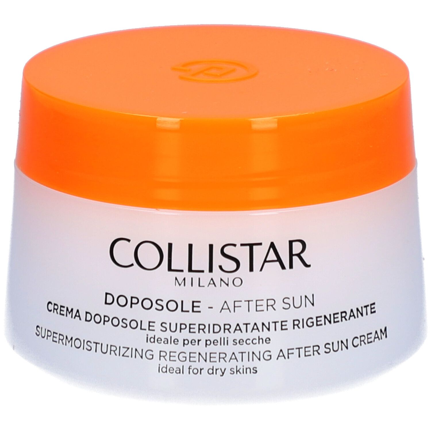 Pot de crème avec couvercle orange. Inscription : COLLISTAR, DOPOSOLE - AFTER SUN, SUPERMOISTURIZING REGENERATING AFTER SUN CREAM.