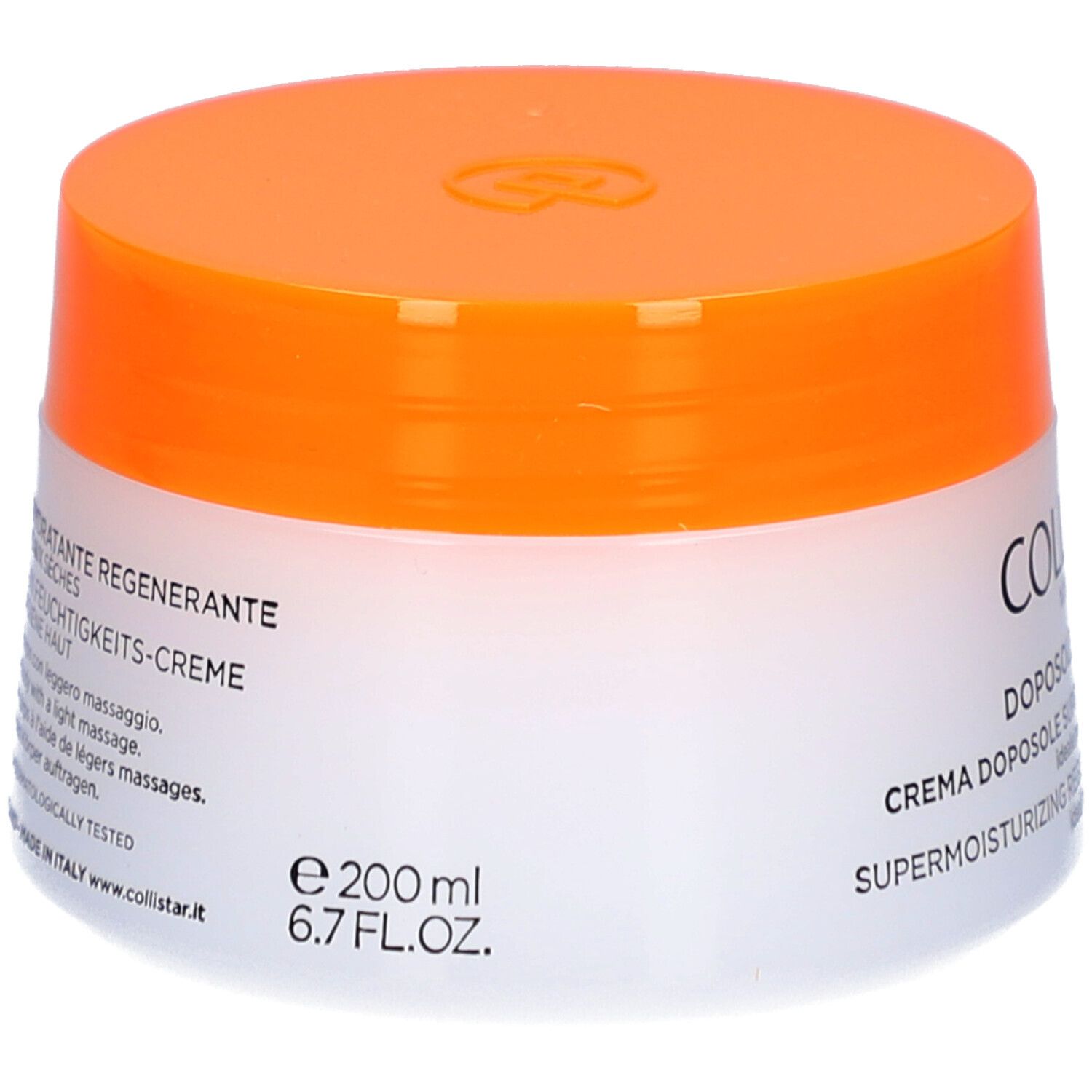 Pot de crème avec couvercle orange. Inscription : DOPOSOLE, CREMA DOPOSOLE SUPERIDRATANTE RIGENERANTE, e 200 ml, 6.7 FL.OZ.