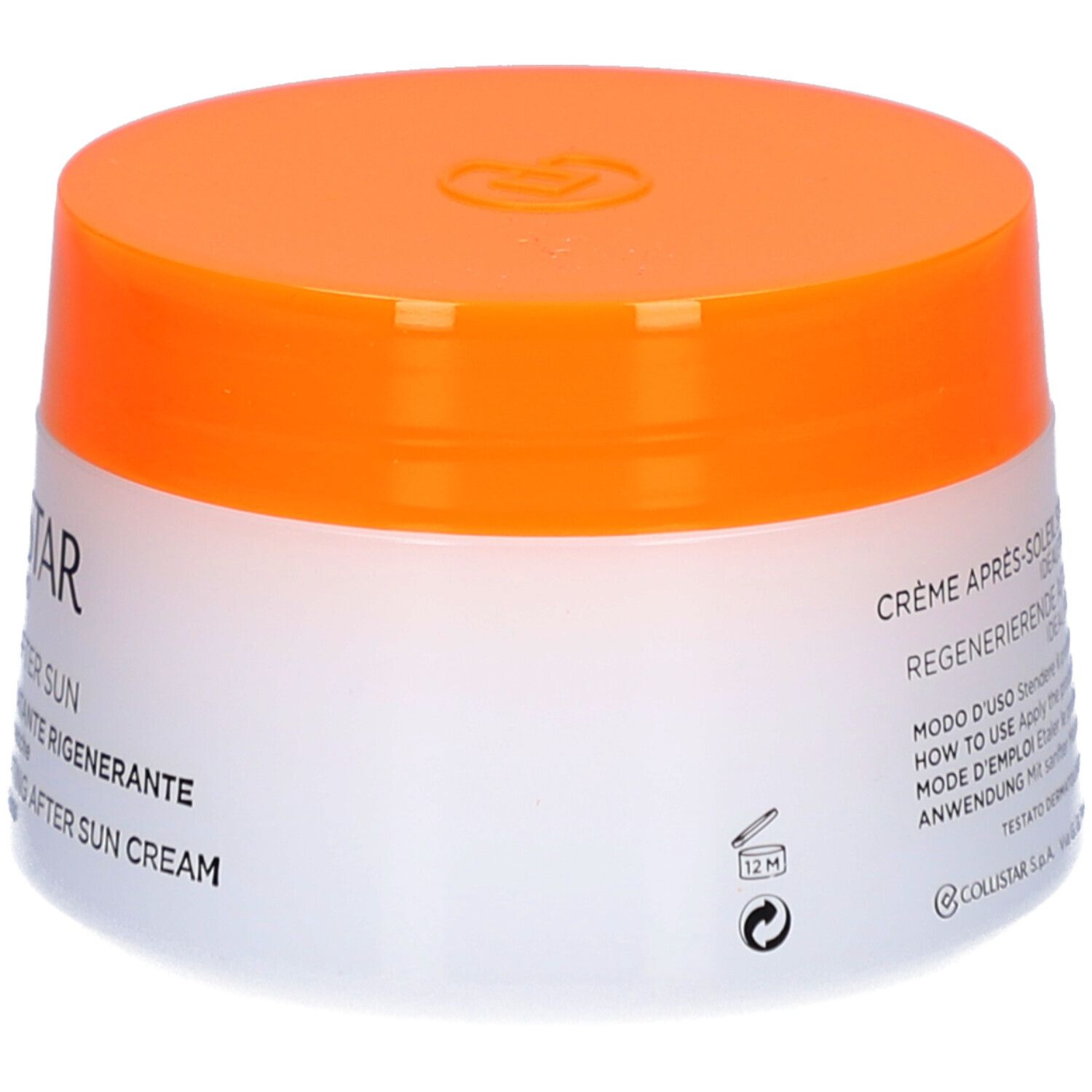 Pot de crème avec couvercle orange. Inscription : CRÈME APRÈS-SOLEIL, symbole 12M, COLLISTAR S.p.A.