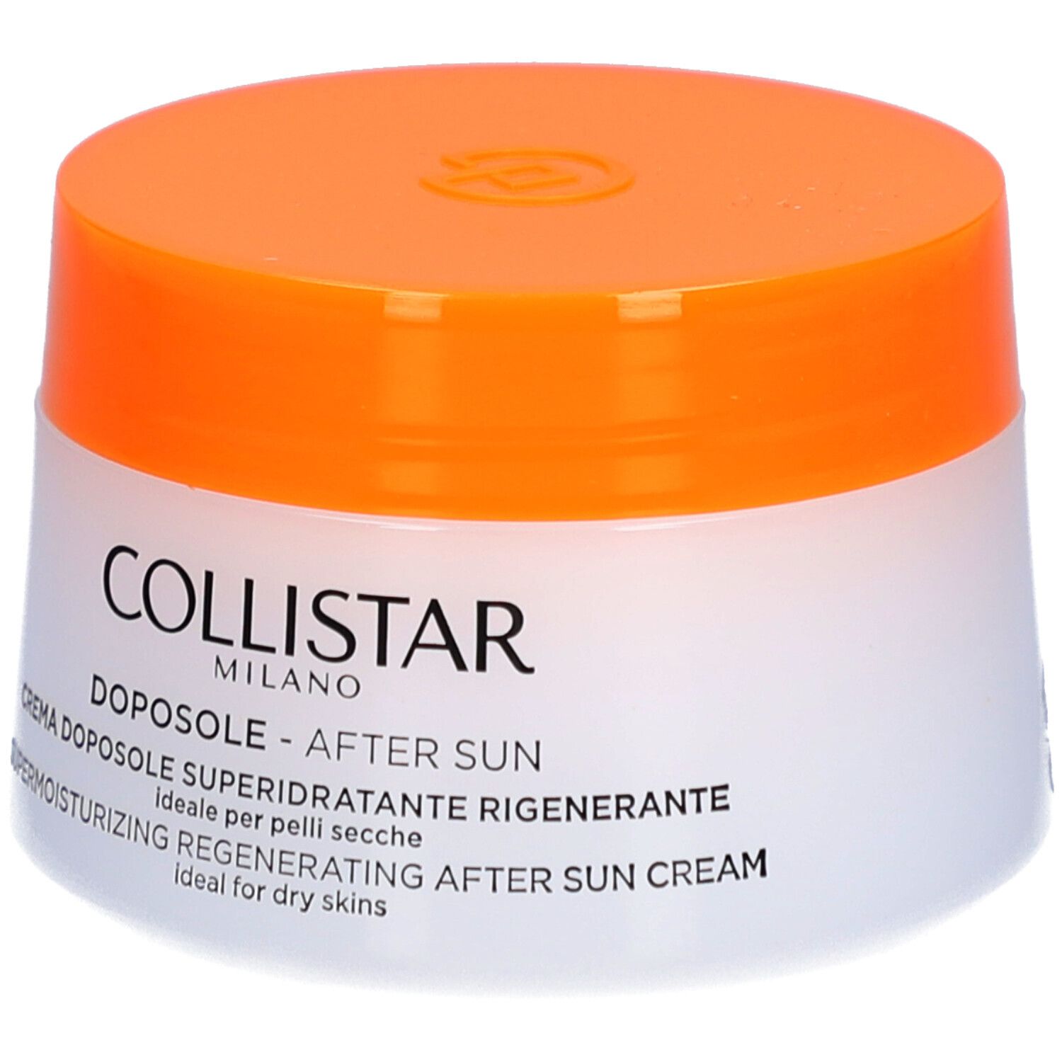 Pot de crème avec couvercle orange. Inscription : COLLISTAR, DOPOSOLE - AFTER SUN, SUPERMOISTURIZING REGENERATING AFTER SUN CREAM.