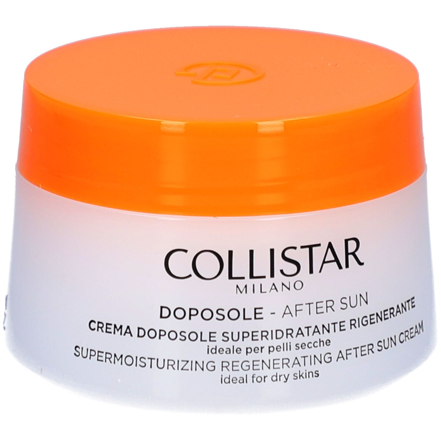 Pot de crème avec couvercle orange. Inscription : COLLISTAR, DOPOSOLE - AFTER SUN, SUPERMOISTURIZING REGENERATING AFTER SUN CREAM.