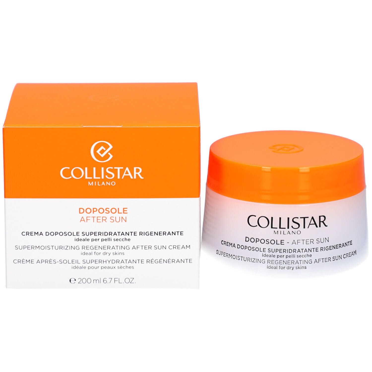 Pot de crème et boîte. Inscription : COLLISTAR, DOPOSOLE - AFTER SUN, SUPERMOISTURIZING REGENERATING AFTER SUN CREAM, e 200 ml.