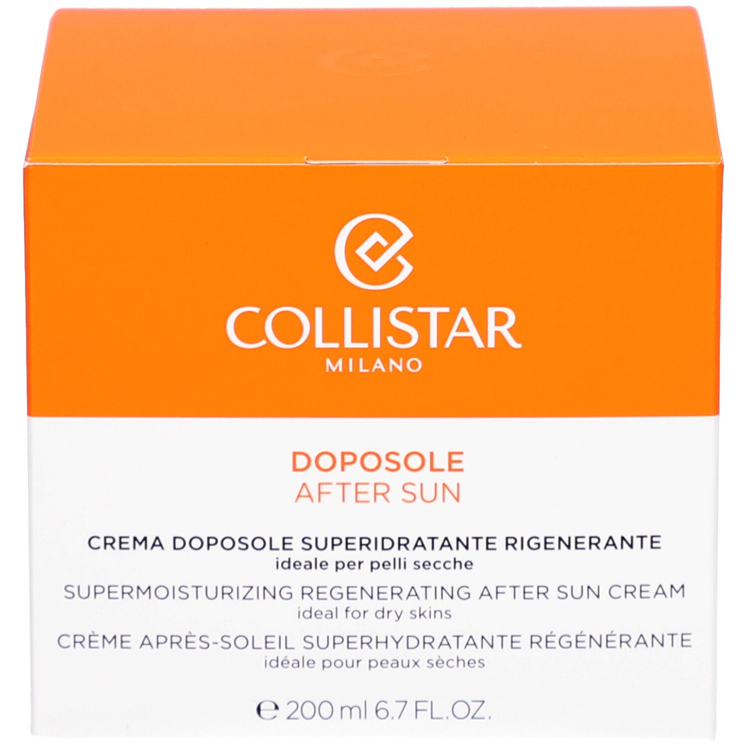 Boîte avec couvercle orange. Inscription : COLLISTAR, DOPOSOLE - AFTER SUN, SUPERMOISTURIZING REGENERATING AFTER SUN CREAM, e 200 ml.
