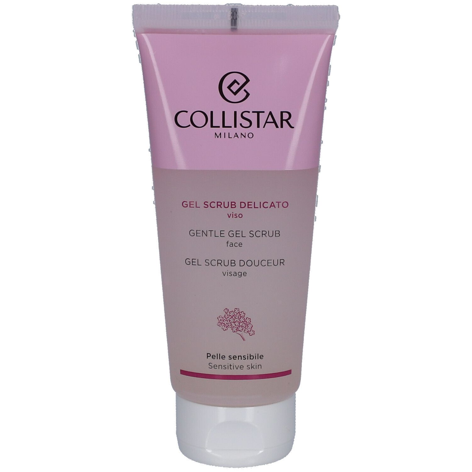Tube rose avec bouchon blanc. "Collistar Milano" en haut. En dessous, "Gel Scrub Delicato Viso". Pour peaux sensibles.