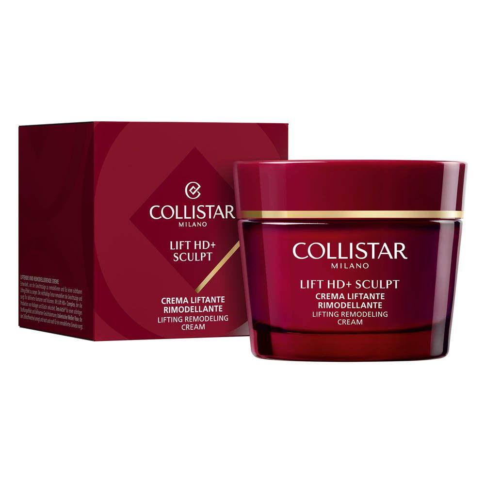 Pot rouge de crème remodelante lifting Collistar, 50ml, sur fond vert.
