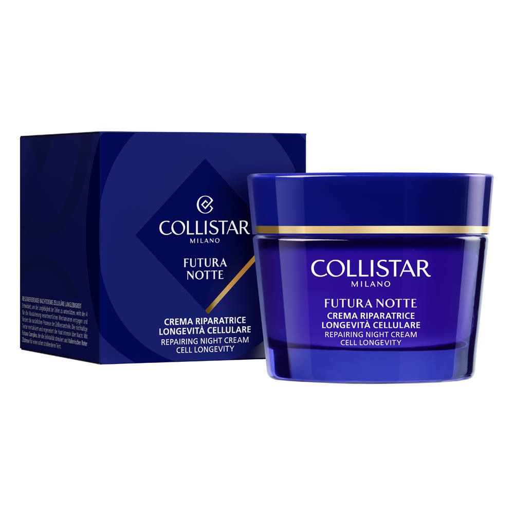 Vue latérale d'un pot bleu Collistar Crème de nuit réparatrice revitalisante.