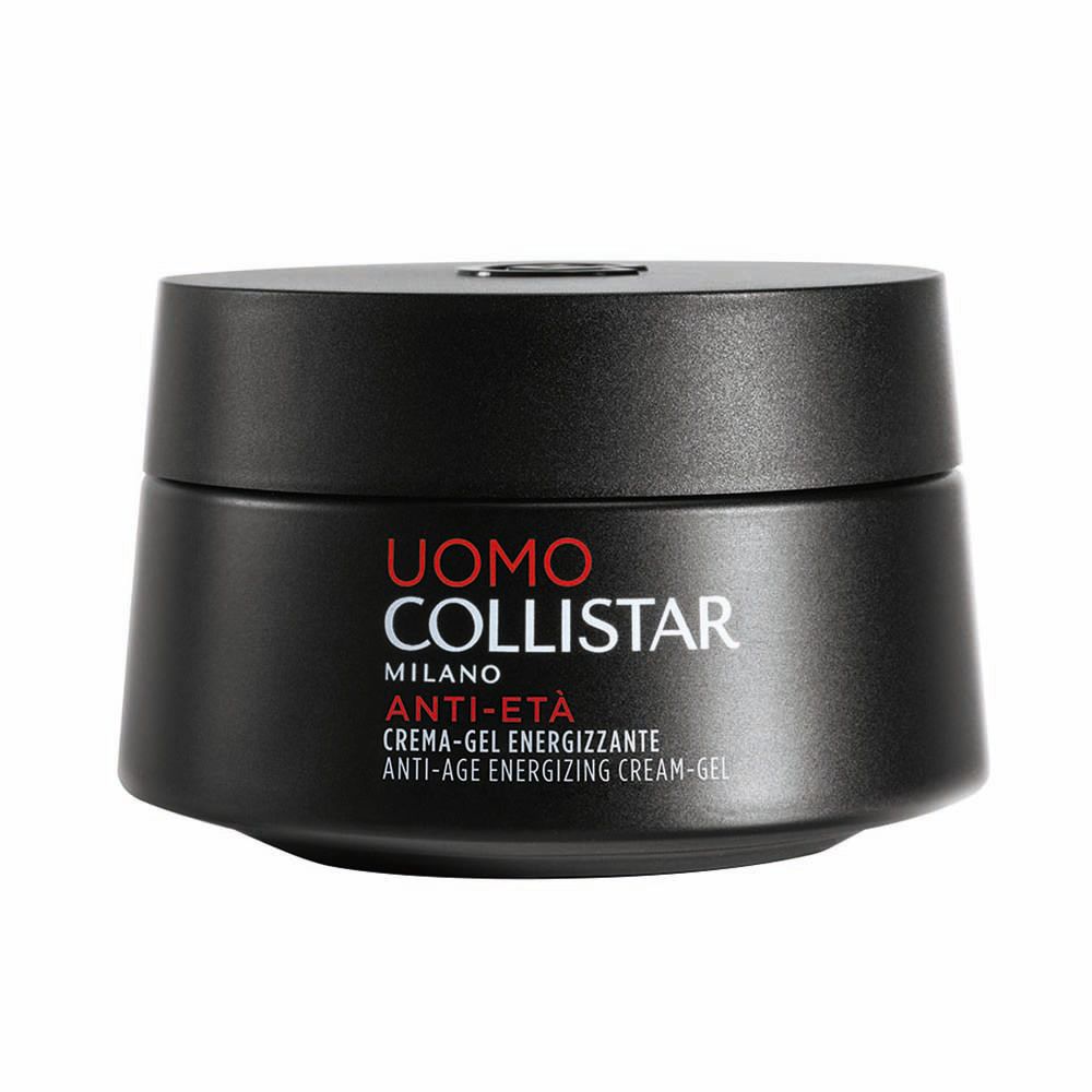 Pot noir avec couvercle. Inscription: Uomo Collistar Milano, Anti-Età, Crème-Gel Energizzante.