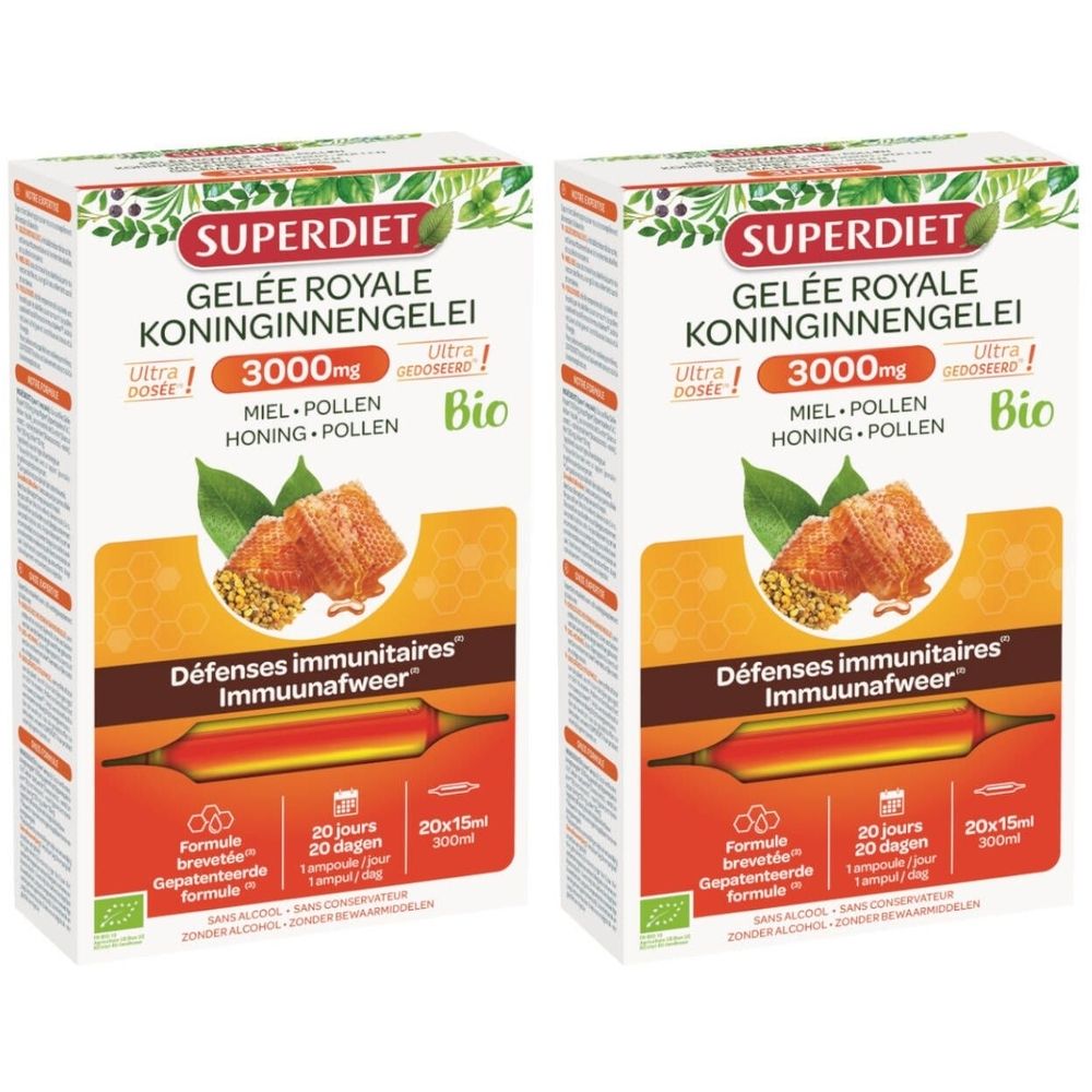 Deux boîtes de Superdiet Gélée Royale 3000mg Bio. Emballage blanc avec nom du produit, illustration de rayon de miel et label Bio.