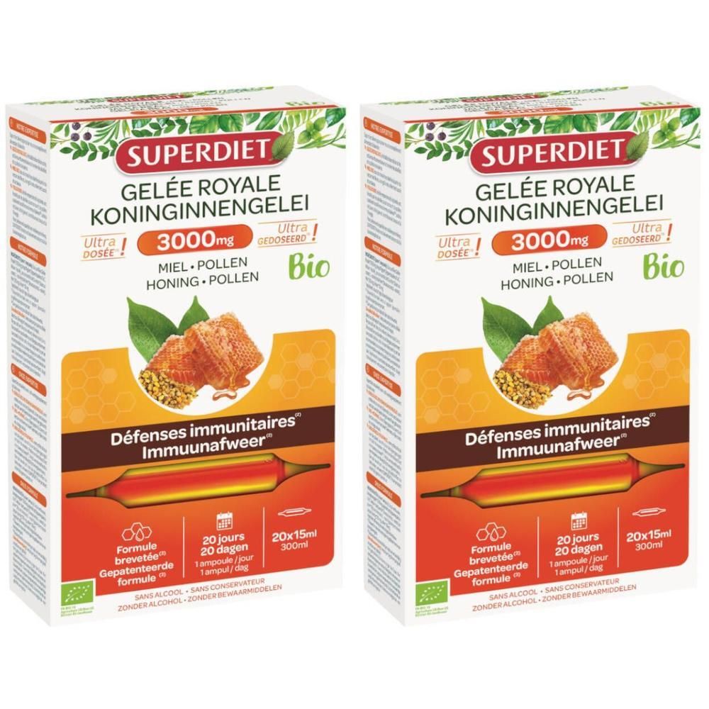 Deux boîtes de Superdiet Gélée Royale 3000mg Bio. Emballage blanc avec nom du produit, illustration de rayon de miel et label Bio.