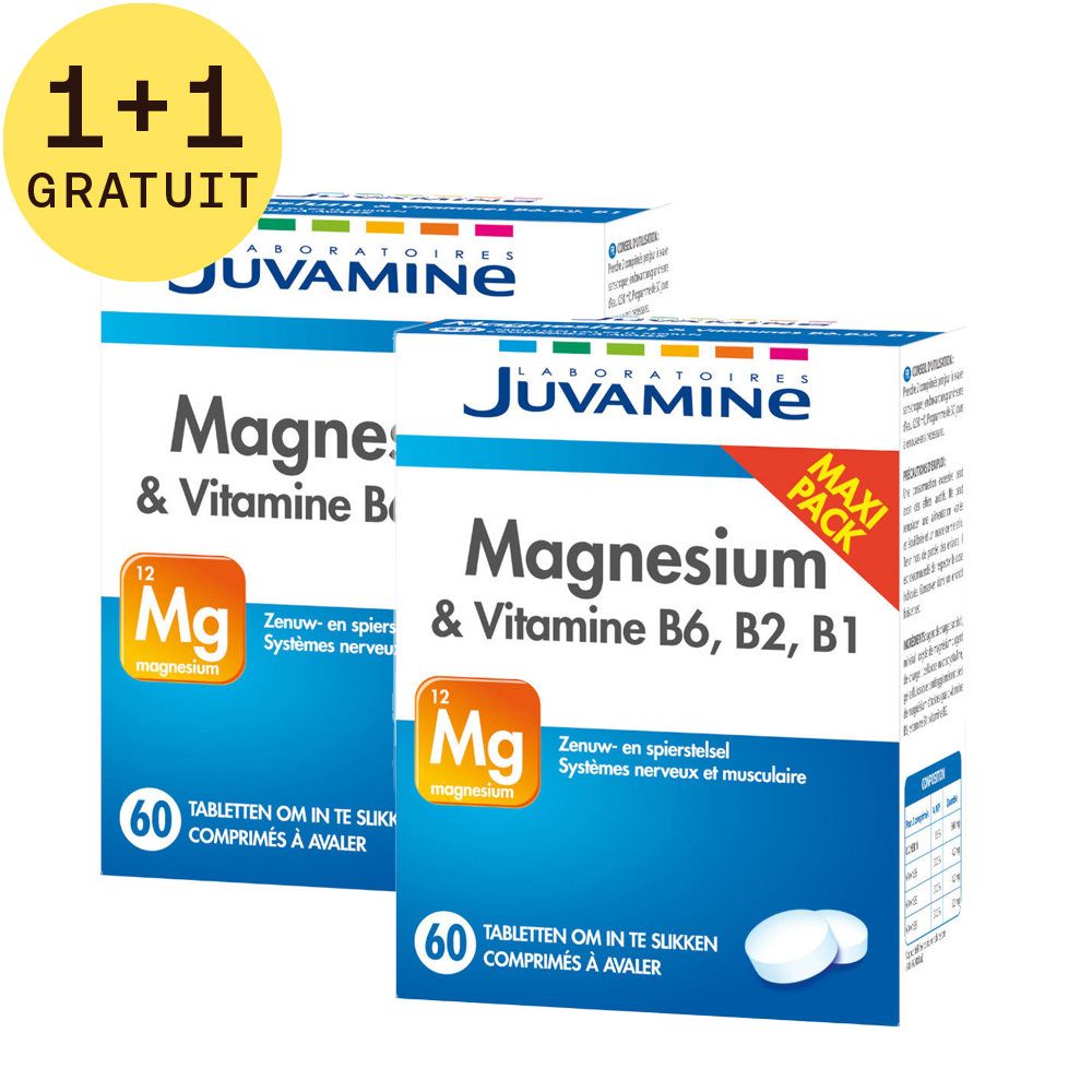 Deux boîtes de Juvamine Magnésium & Vitamine B6, B2, B1. Avec autocollant '1+1 GRATUIT'. Emballage bleu.