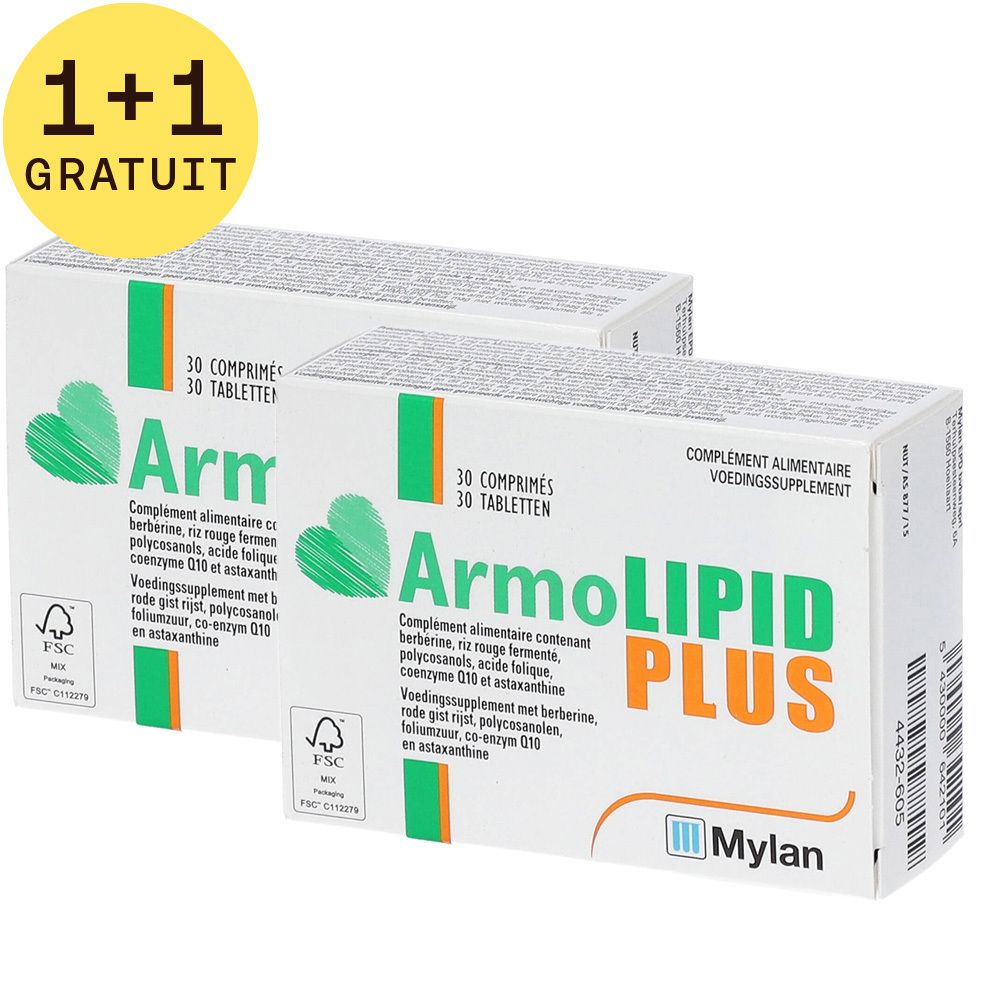 Deux boîtes ArmoLIPID PLUS. Emballage blanc avec accents verts et orange. Texte: 30 comprimés, complément alimentaire.