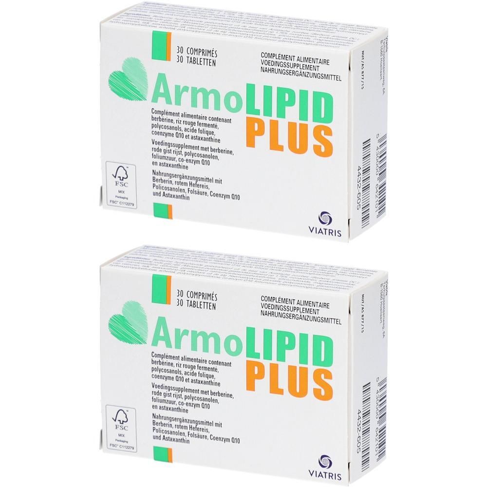 Deux boîtes ArmoLIPID PLUS. Emballage blanc avec accents verts et orange. Texte: 30 comprimés, complément alimentaire.